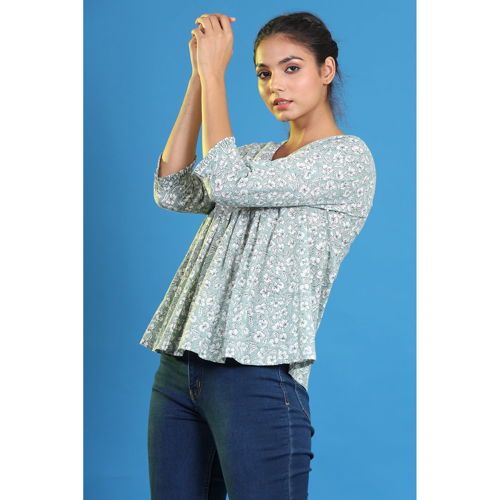 Floral Mosaic on Light Green Cotton Short Kurti