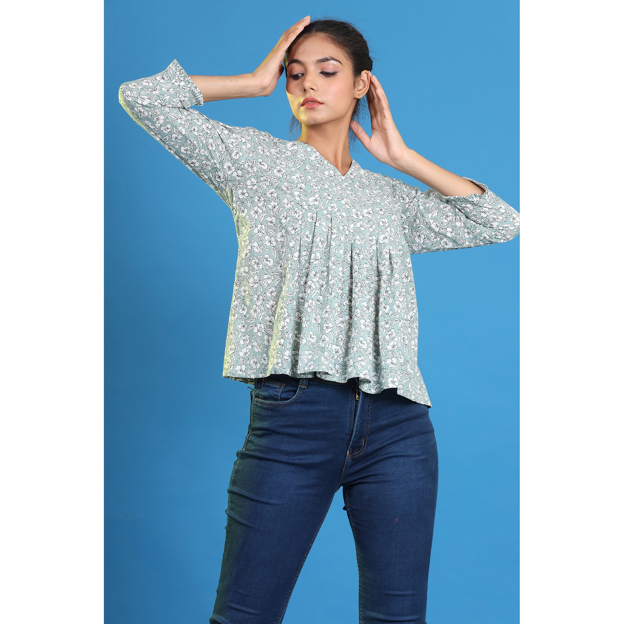Floral Mosaic on Light Green Cotton Short Kurti