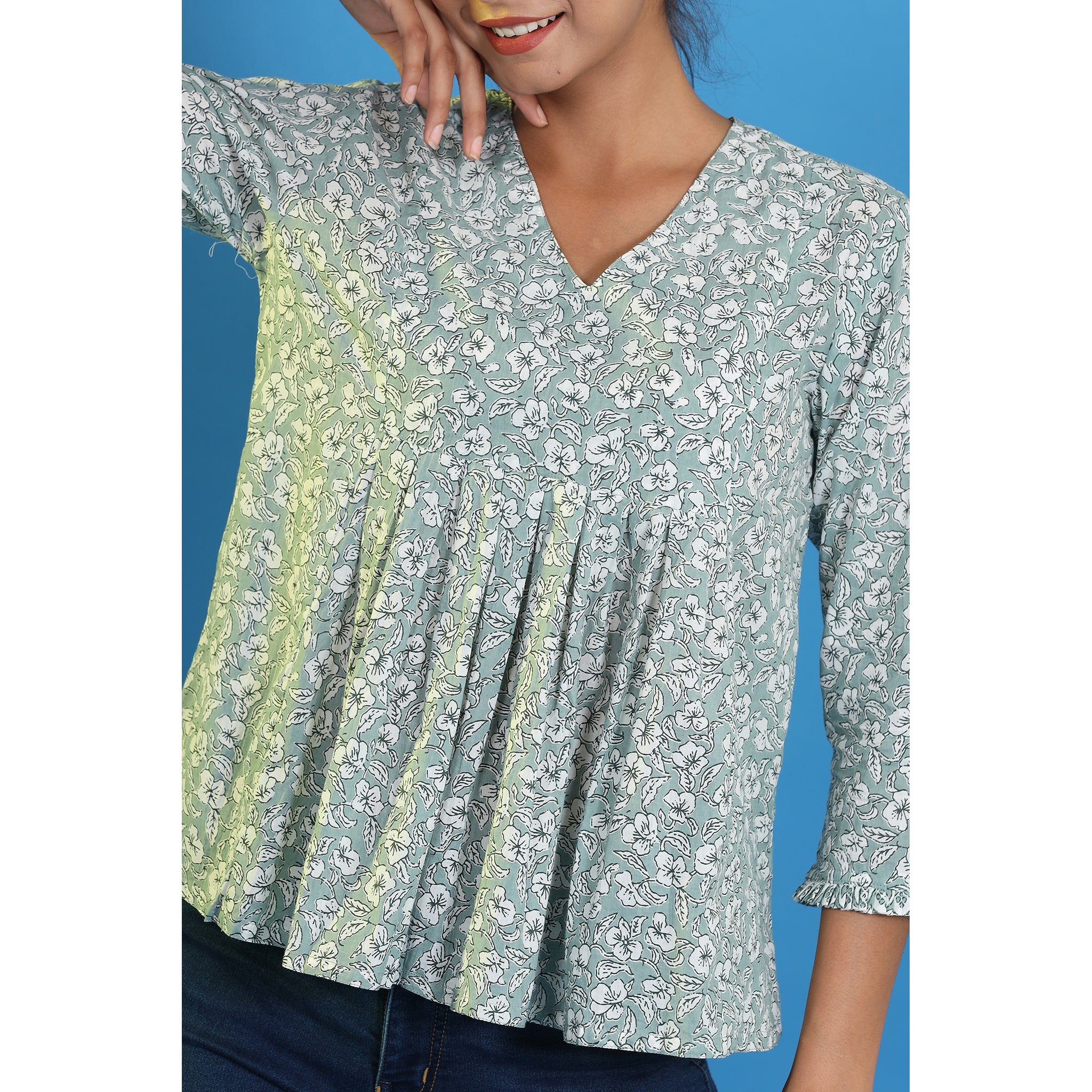 Floral Mosaic on Light Green Cotton Short Kurti