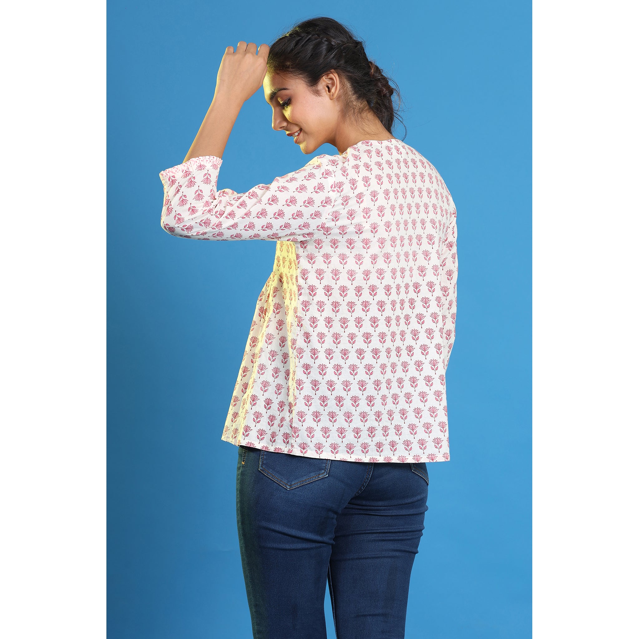 Tulips on Off-white Cotton Short Kurti