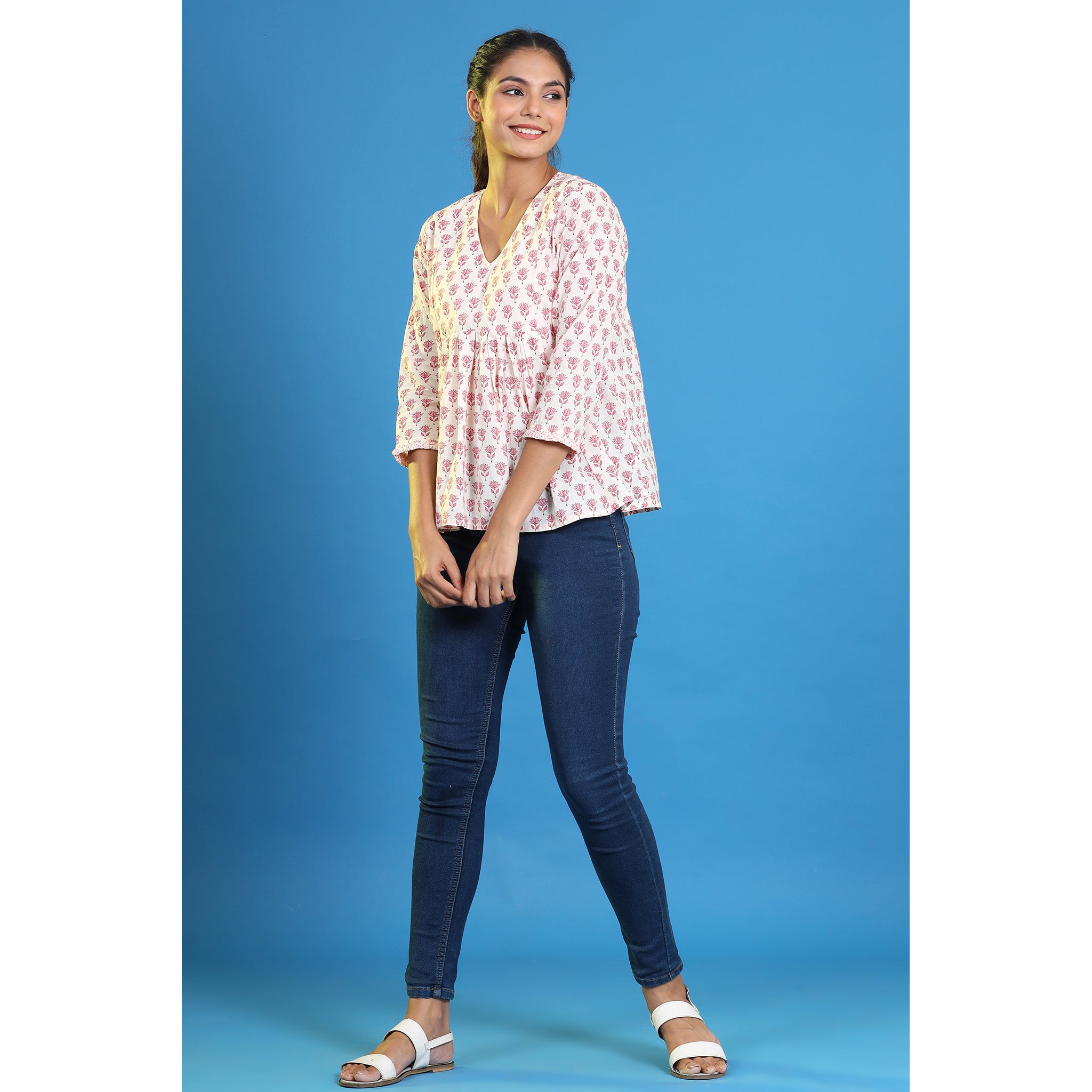 Tulips on Off-white Cotton Short Kurti