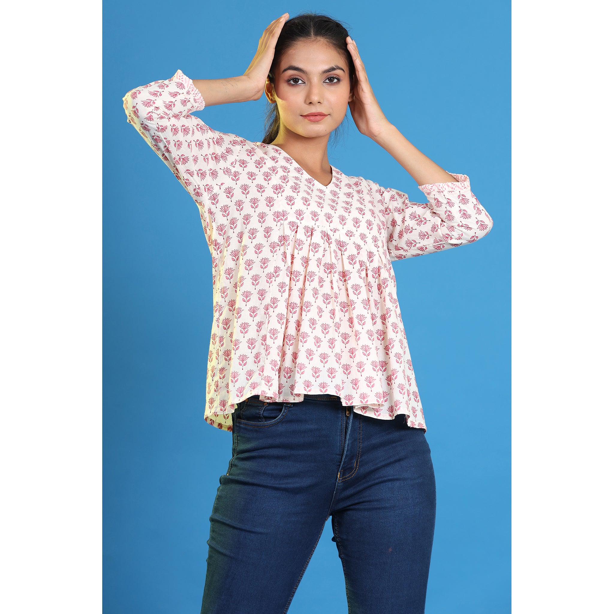 Tulips on Off-white Cotton Short Kurti