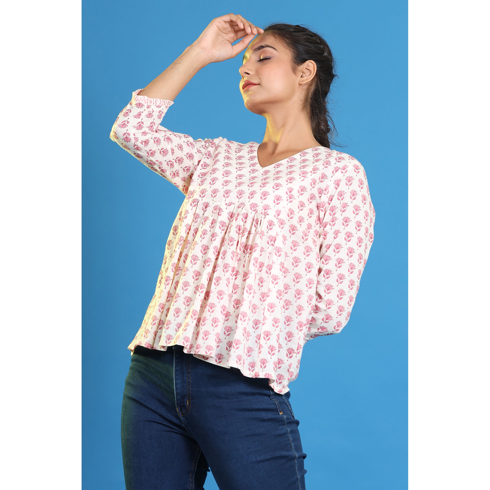 Tulips on Off-white Cotton Short Kurti