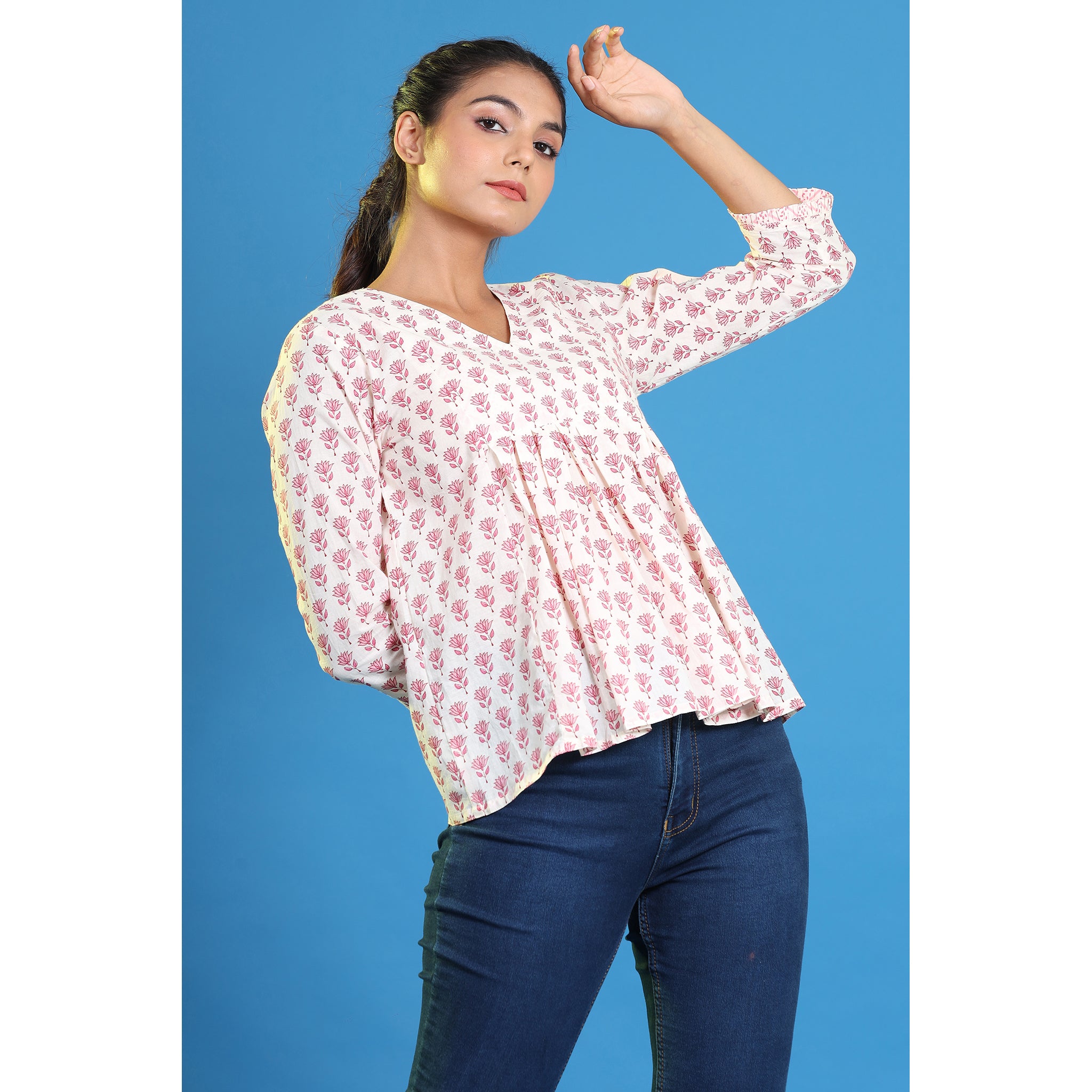 Tulips on Off-white Cotton Short Kurti