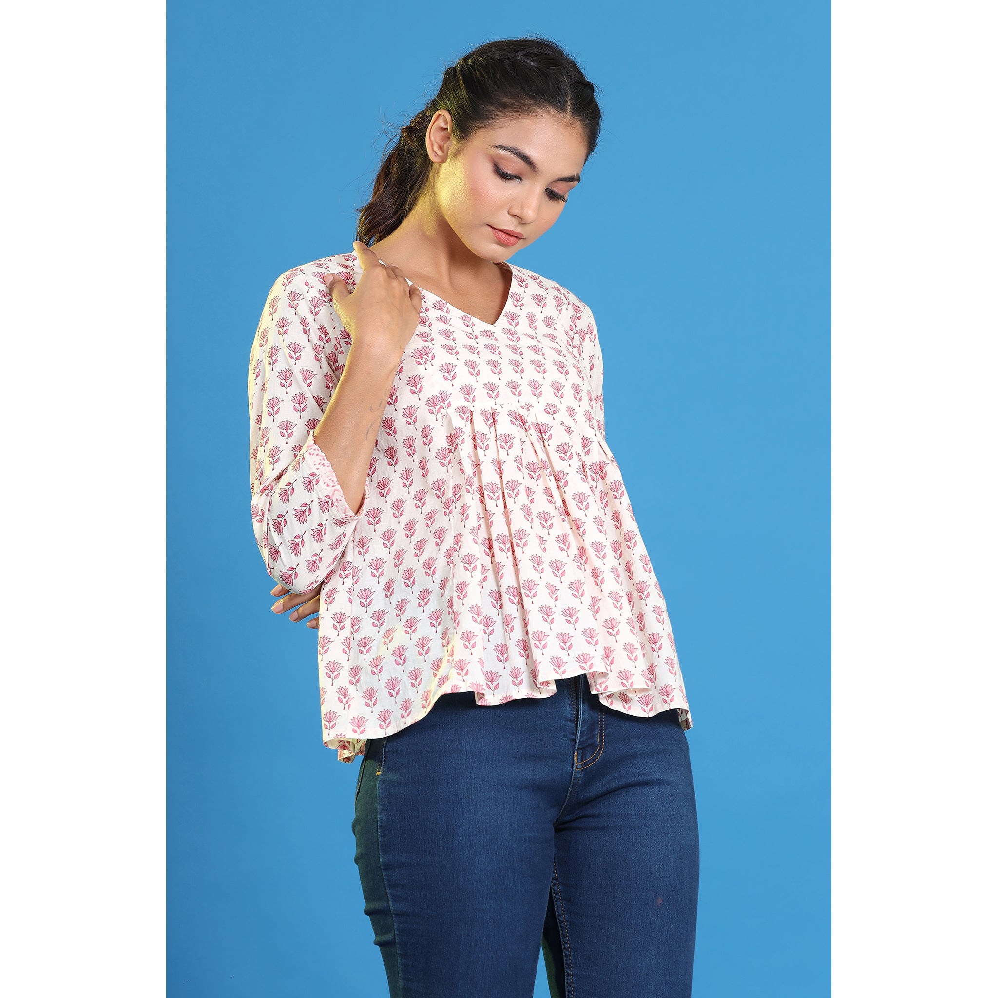 Tulips on Off-white Cotton Short Kurti