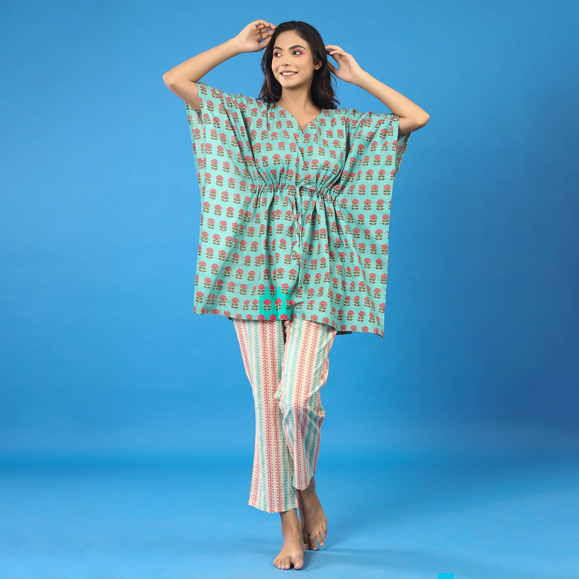 Blossoms with Contrast Stripes on Blue Kaftan Pyjama