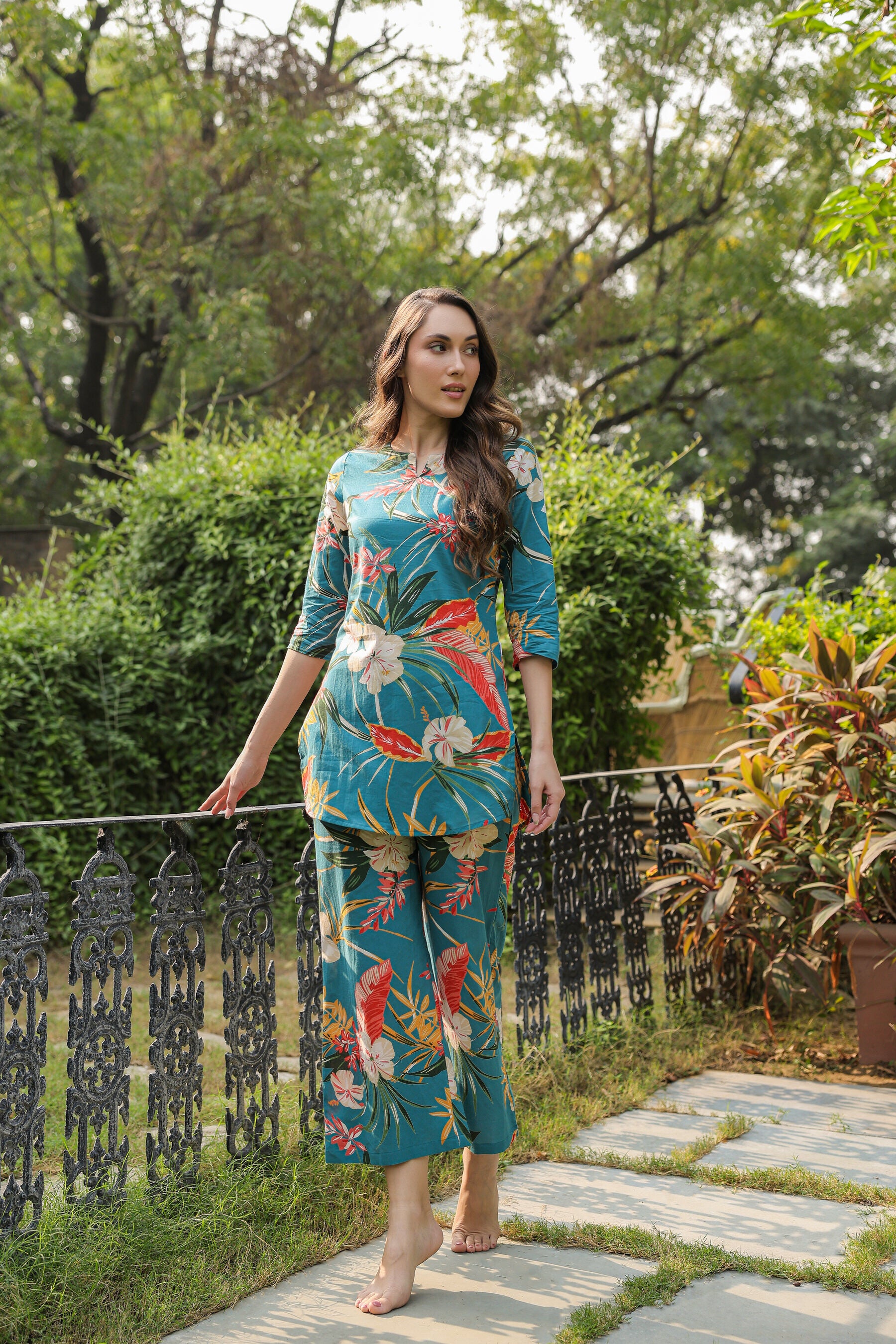 Teal Tranquility on Cotton Palazzo Loungewear Set