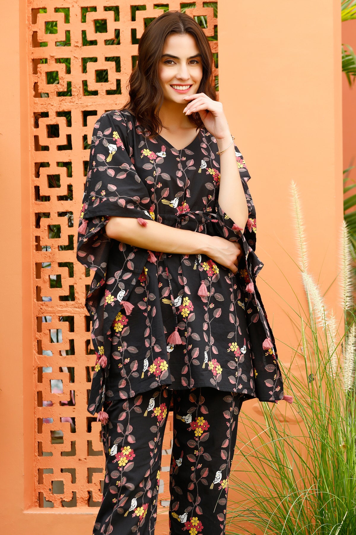 Black Peral Veil Cotton Kaftan pajama Set