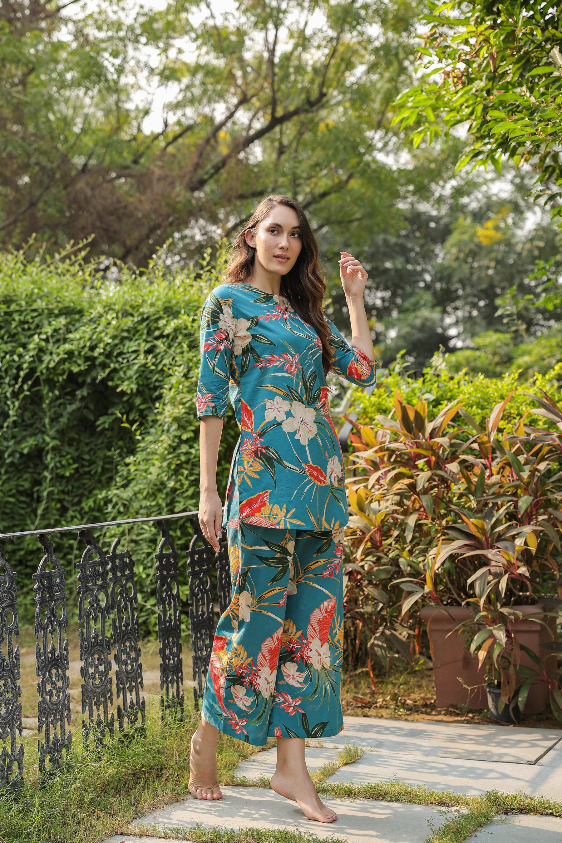 Teal Tranquility on Cotton Palazzo Loungewear Set