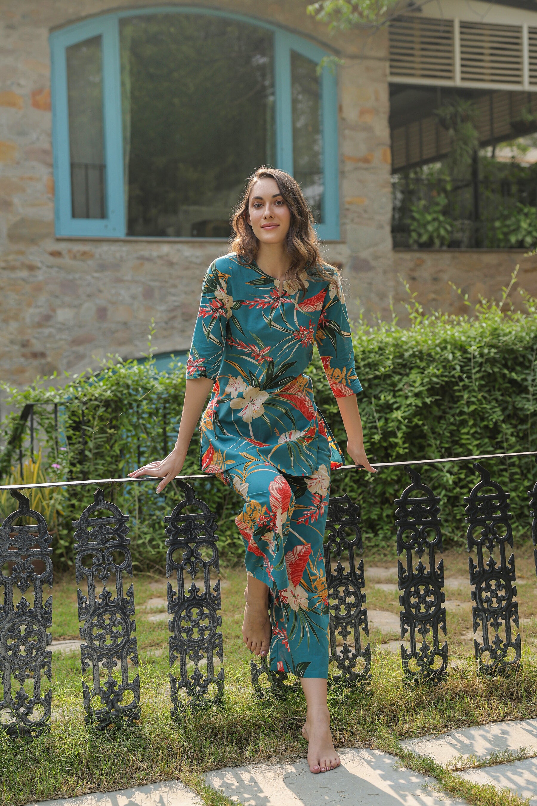 Teal Tranquility on Cotton Palazzo Loungewear Set