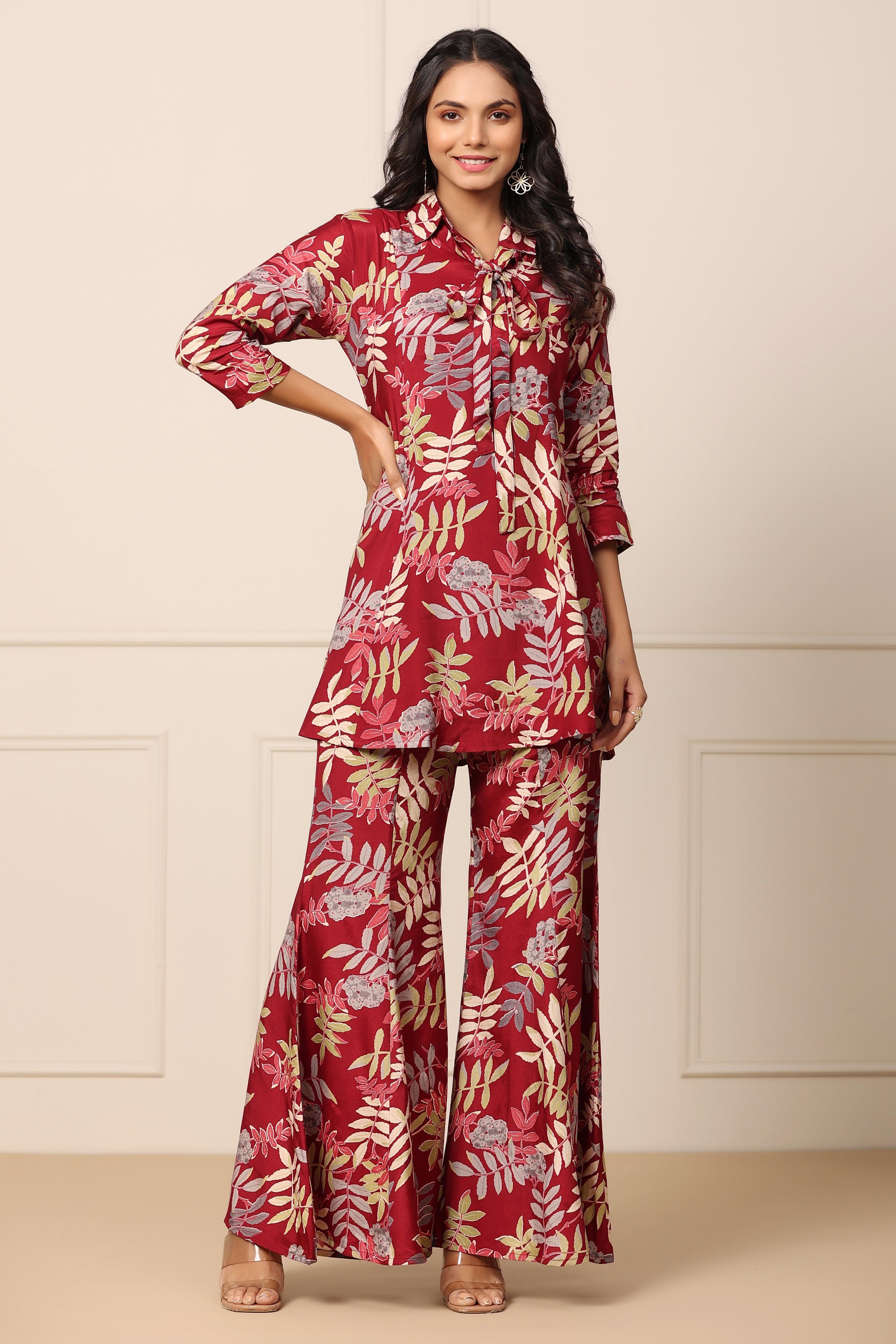 Tropical Maroon Russian Silk Co-ord Set