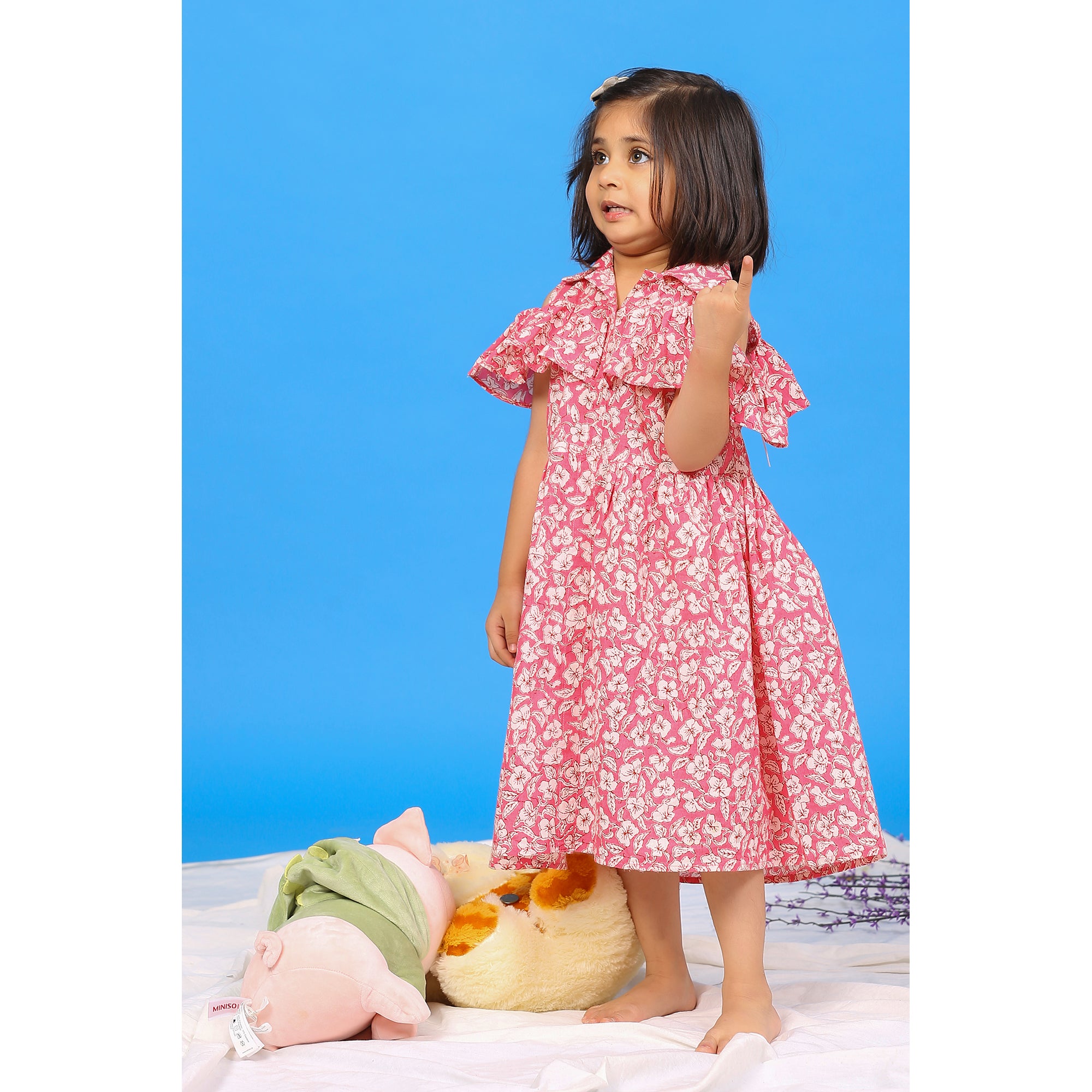 Floral Mosaic on Pink Off-shoulder Kids Cotton Dress