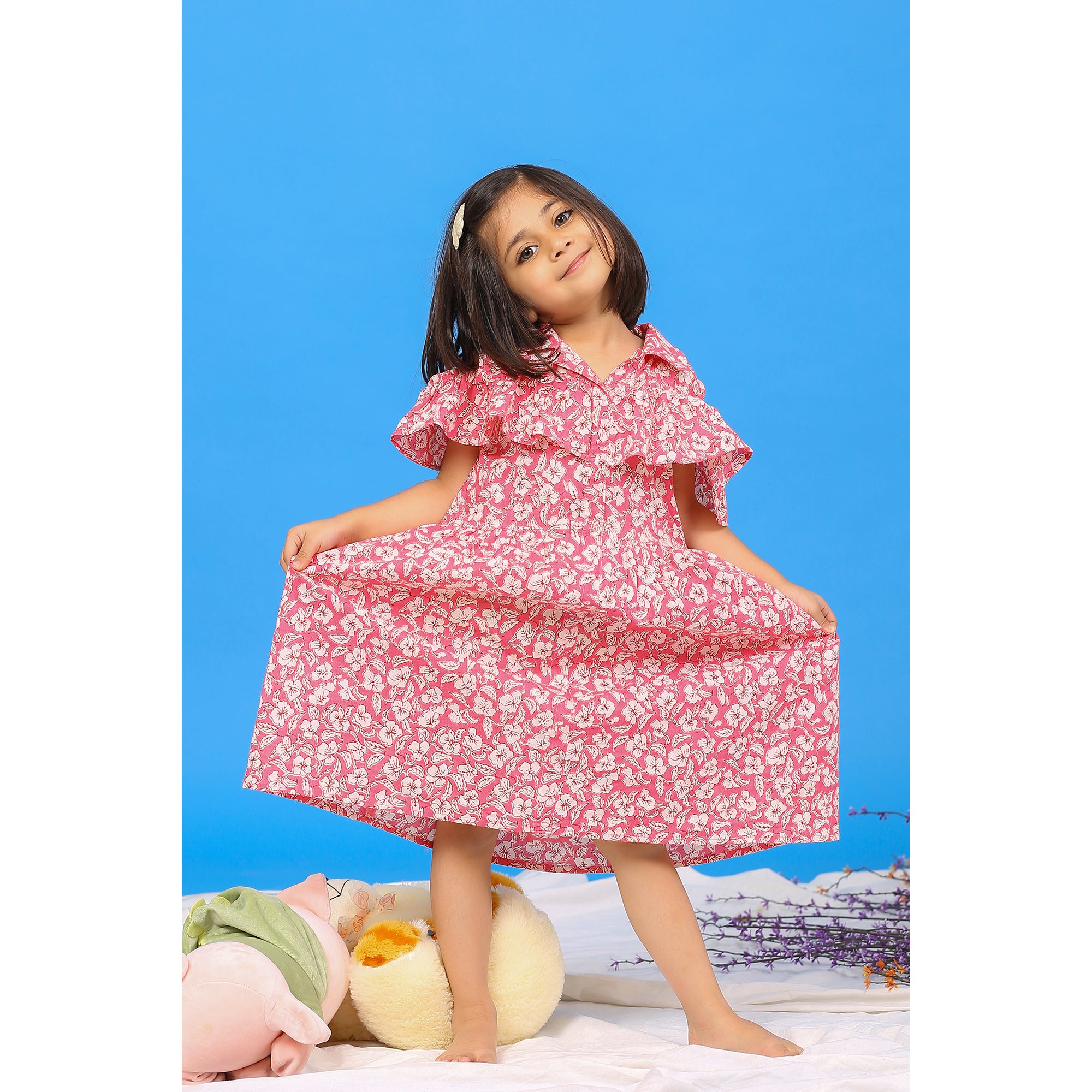 Floral Mosaic on Pink Off-shoulder Kids Cotton Dress