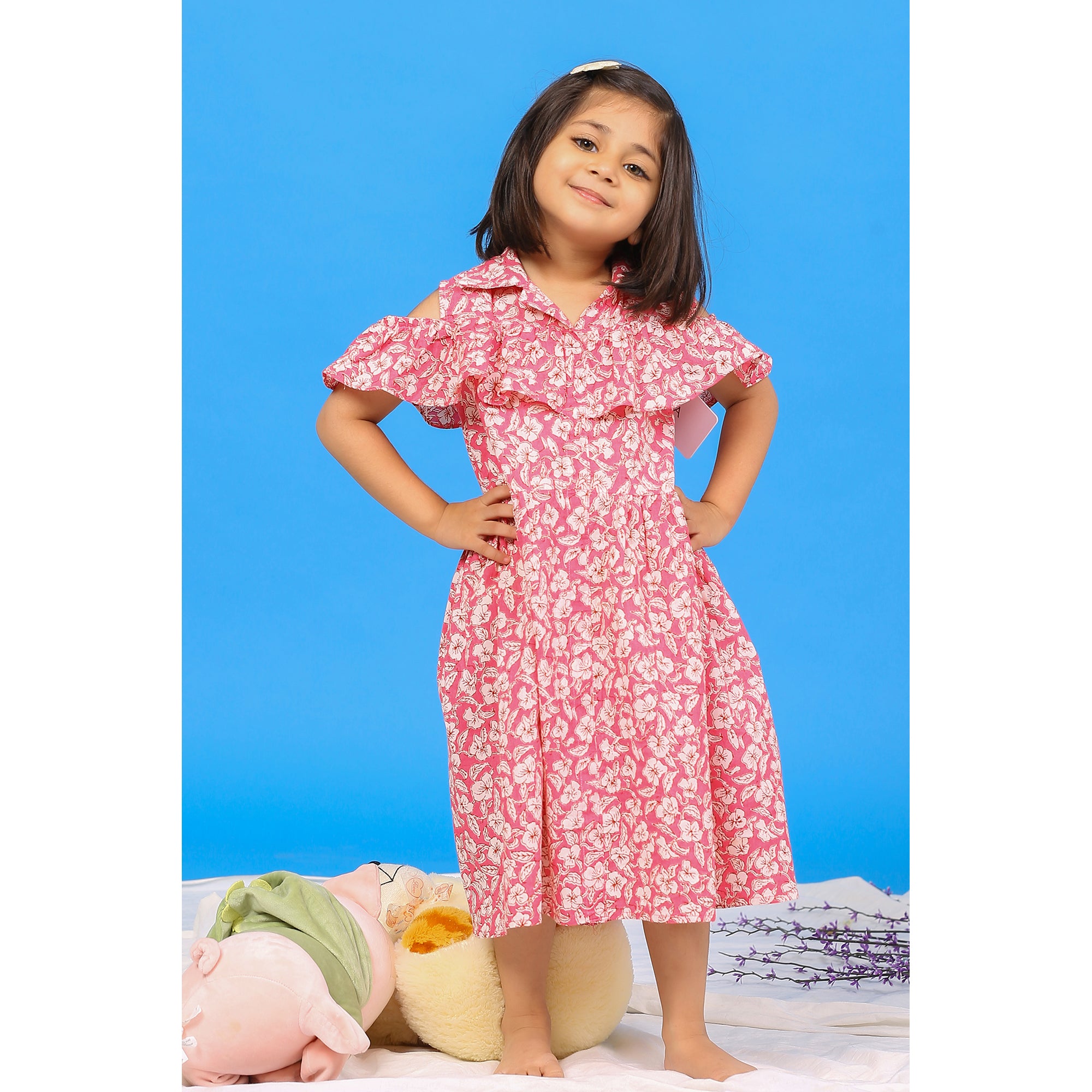 Floral Mosaic on Pink Off-shoulder Kids Cotton Dress