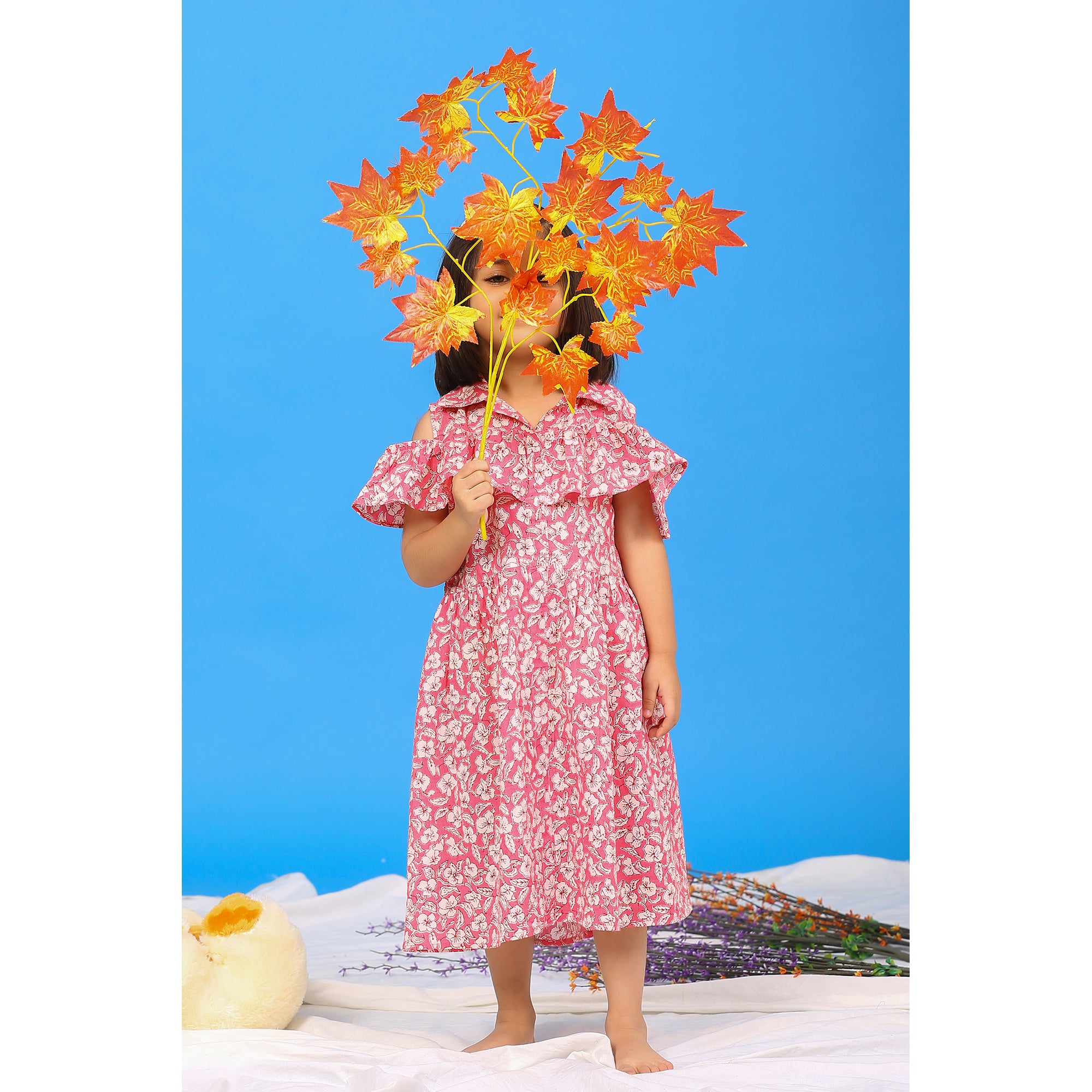 Floral Mosaic on Pink Off-shoulder Kids Cotton Dress