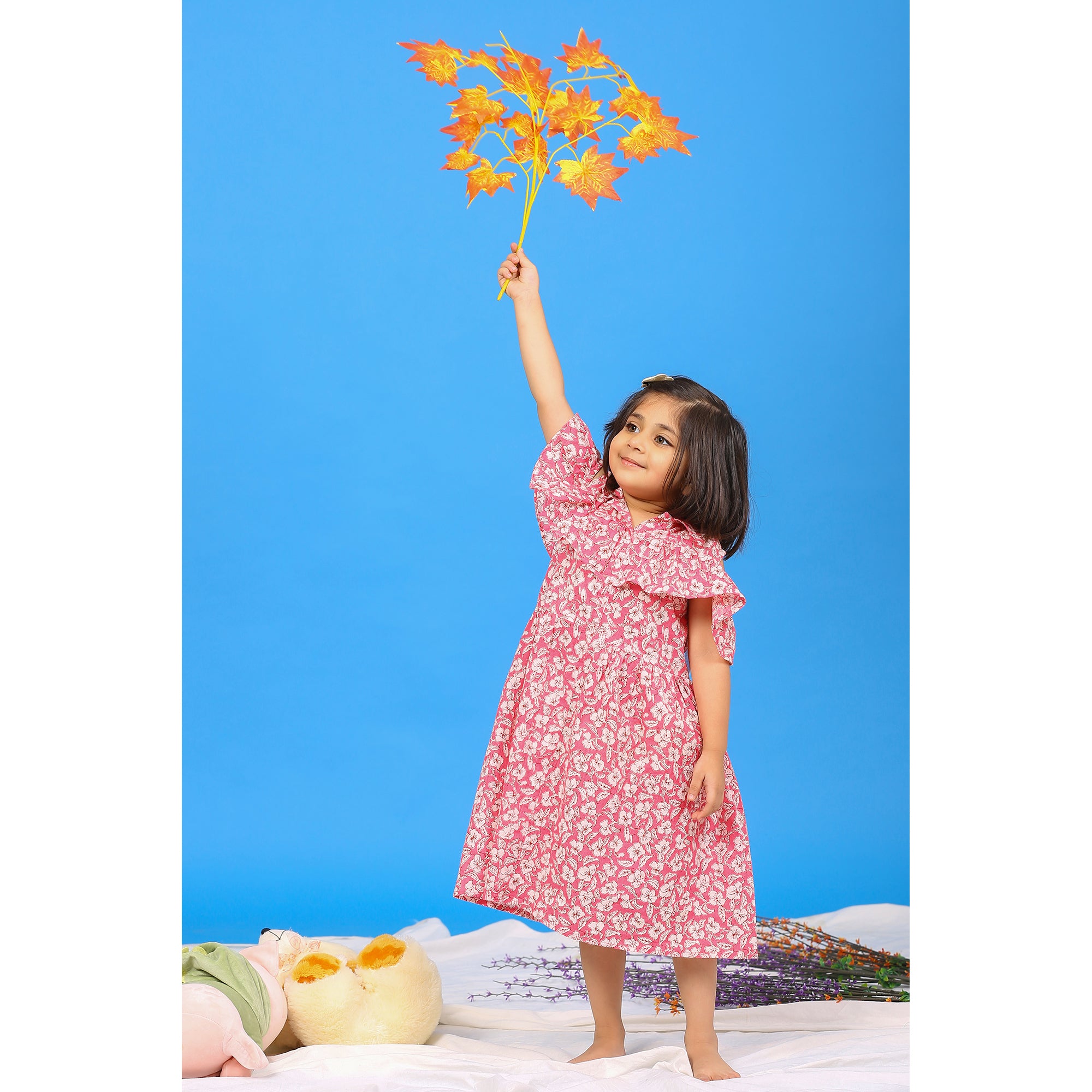 Floral Mosaic on Pink Off-shoulder Kids Cotton Dress
