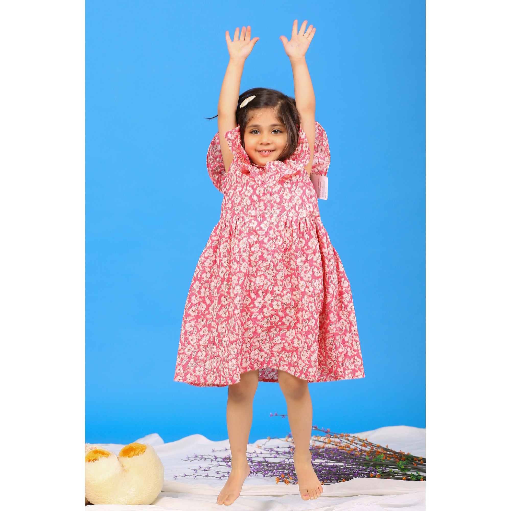 Floral Mosaic on Pink Off-shoulder Kids Cotton Dress