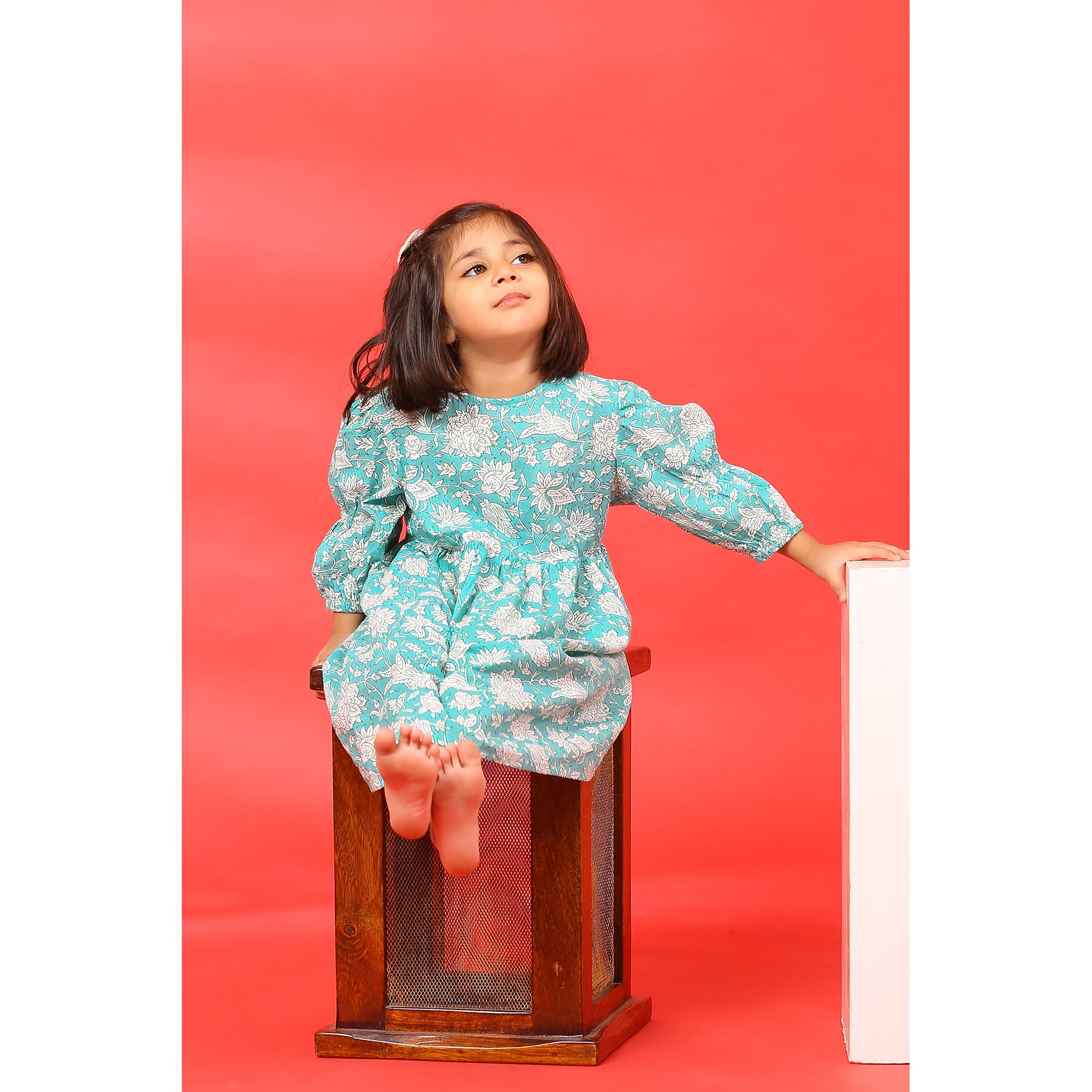 Floral Mosaic on Light Blue Kids Cotton Dress