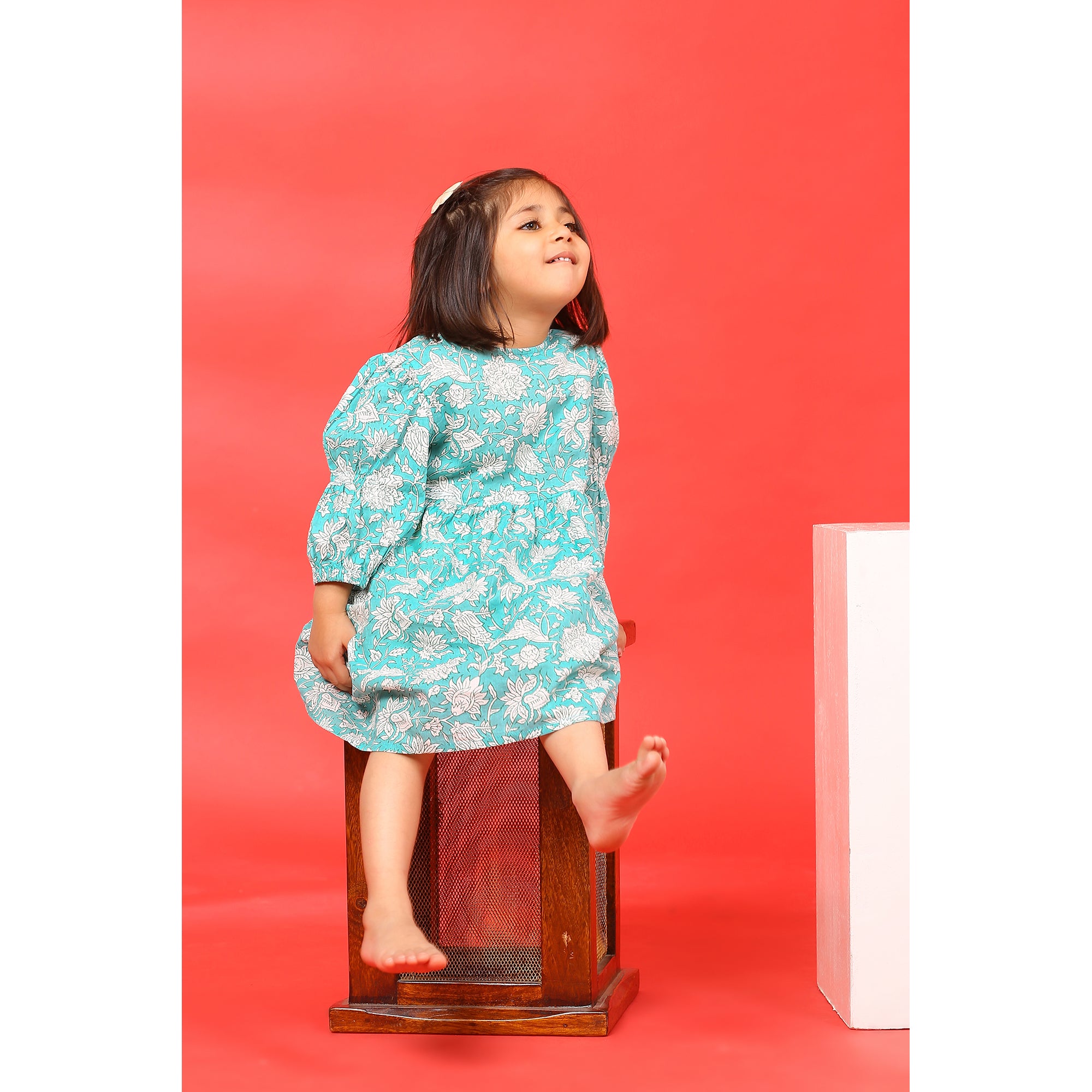 Floral Mosaic on Light Blue Kids Cotton Dress