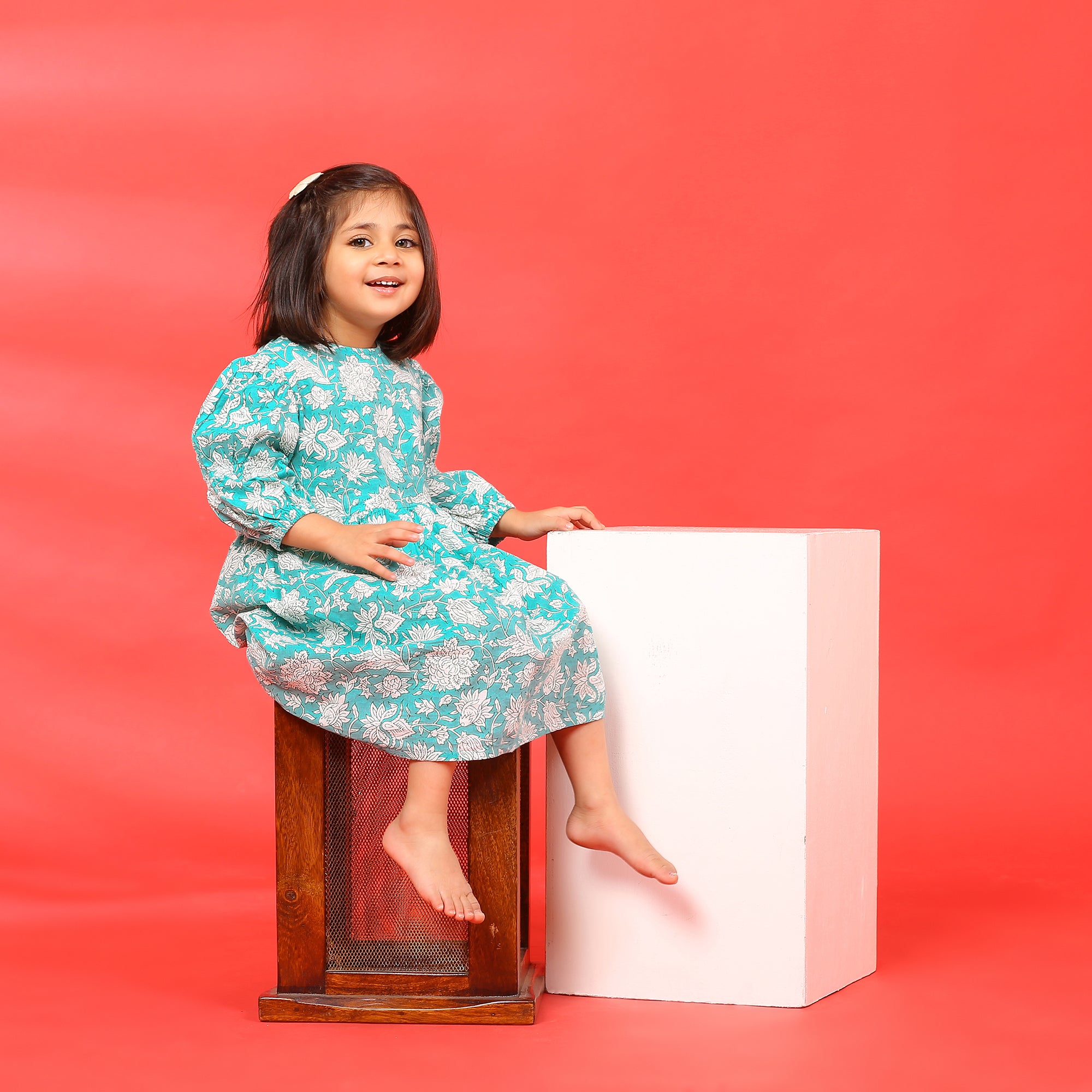 Floral Mosaic on Light Blue Kids Cotton Dress