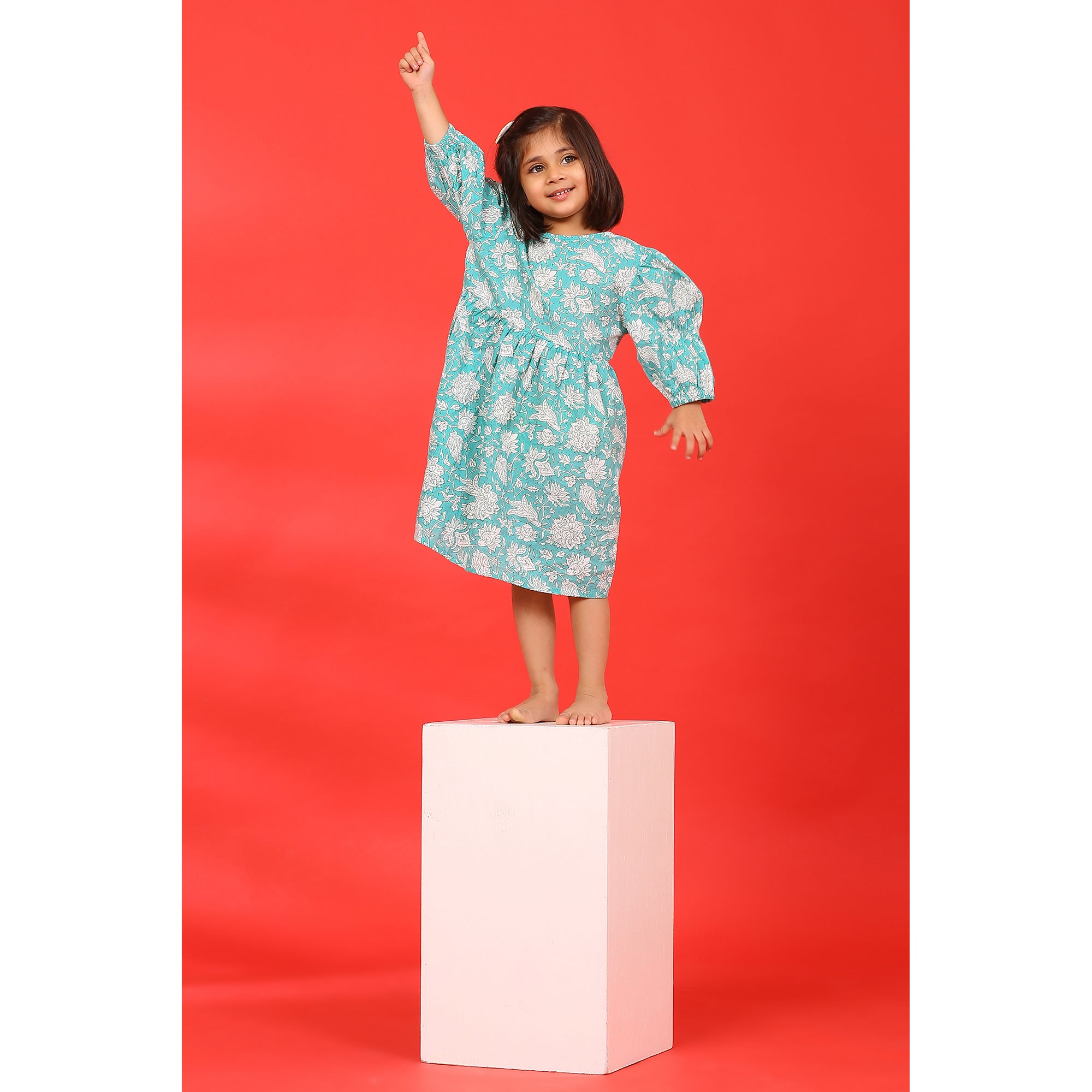 Floral Mosaic on Light Blue Kids Cotton Dress