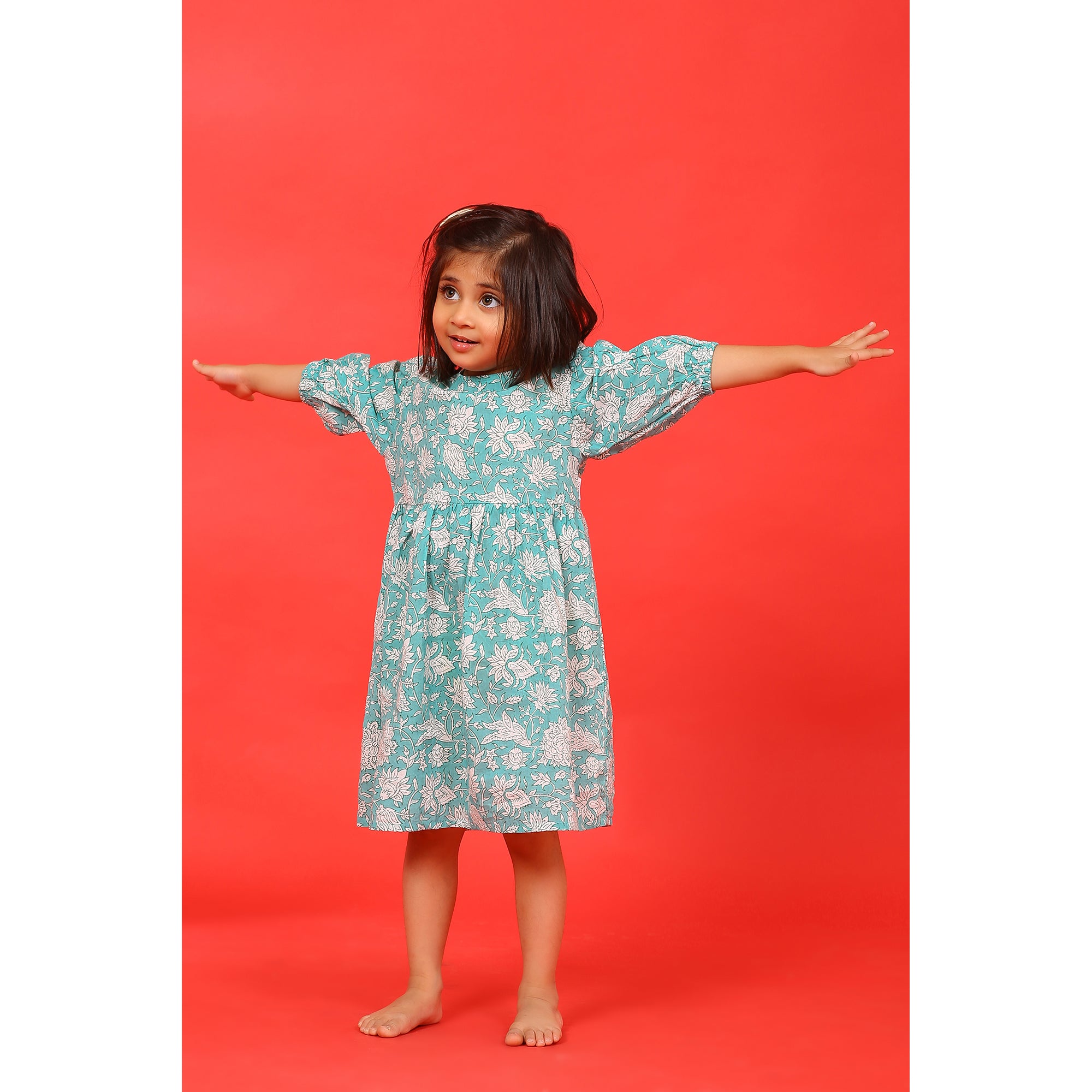 Floral Mosaic on Light Blue Kids Cotton Dress