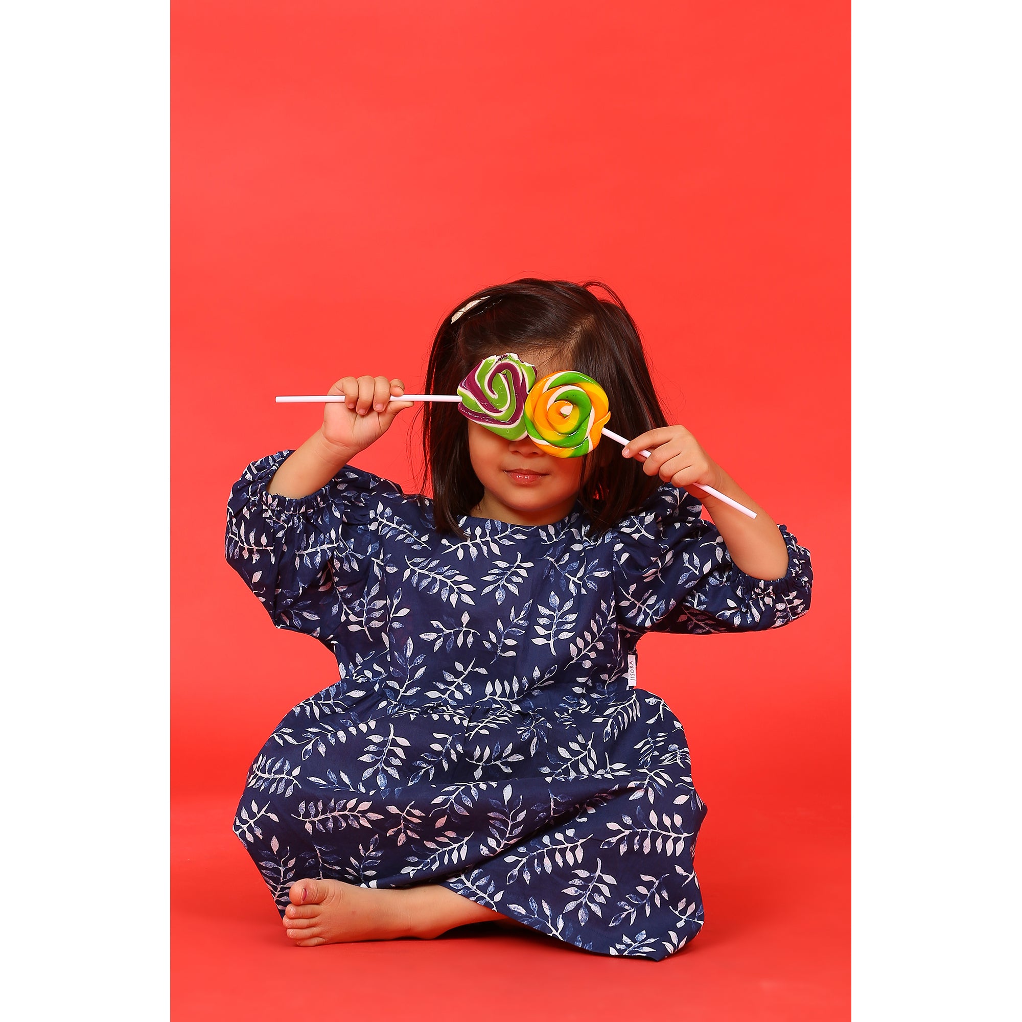 Neem Leaves on Blue Kids Cotton Dress