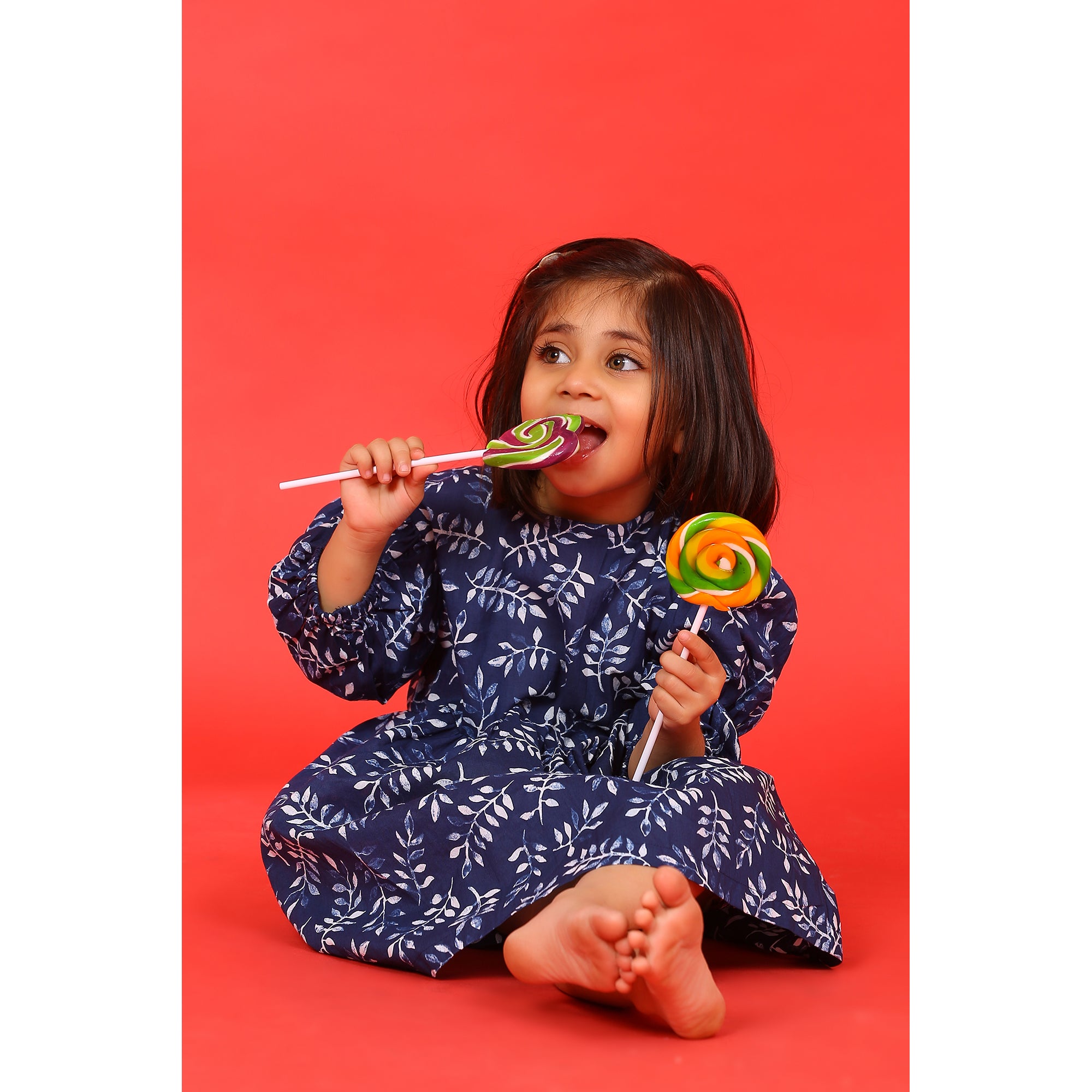 Neem Leaves on Blue Kids Cotton Dress