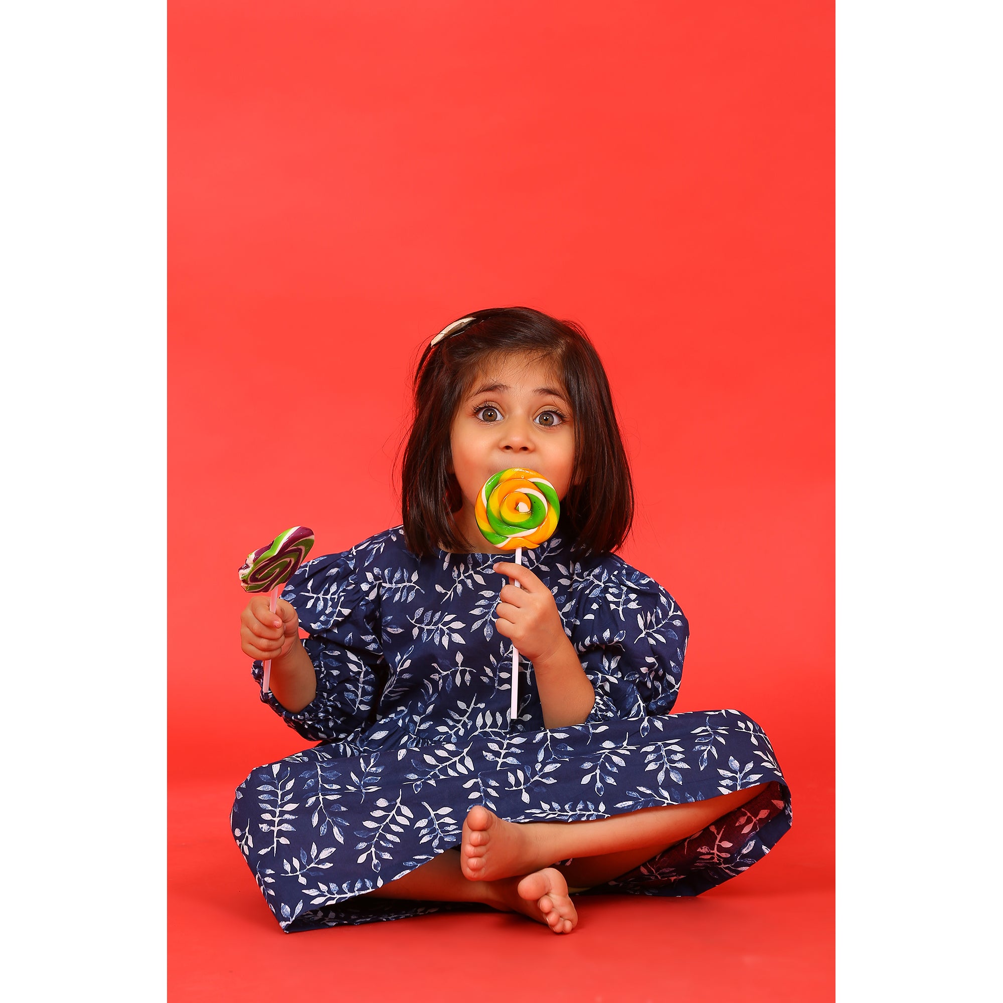 Neem Leaves on Blue Kids Cotton Dress
