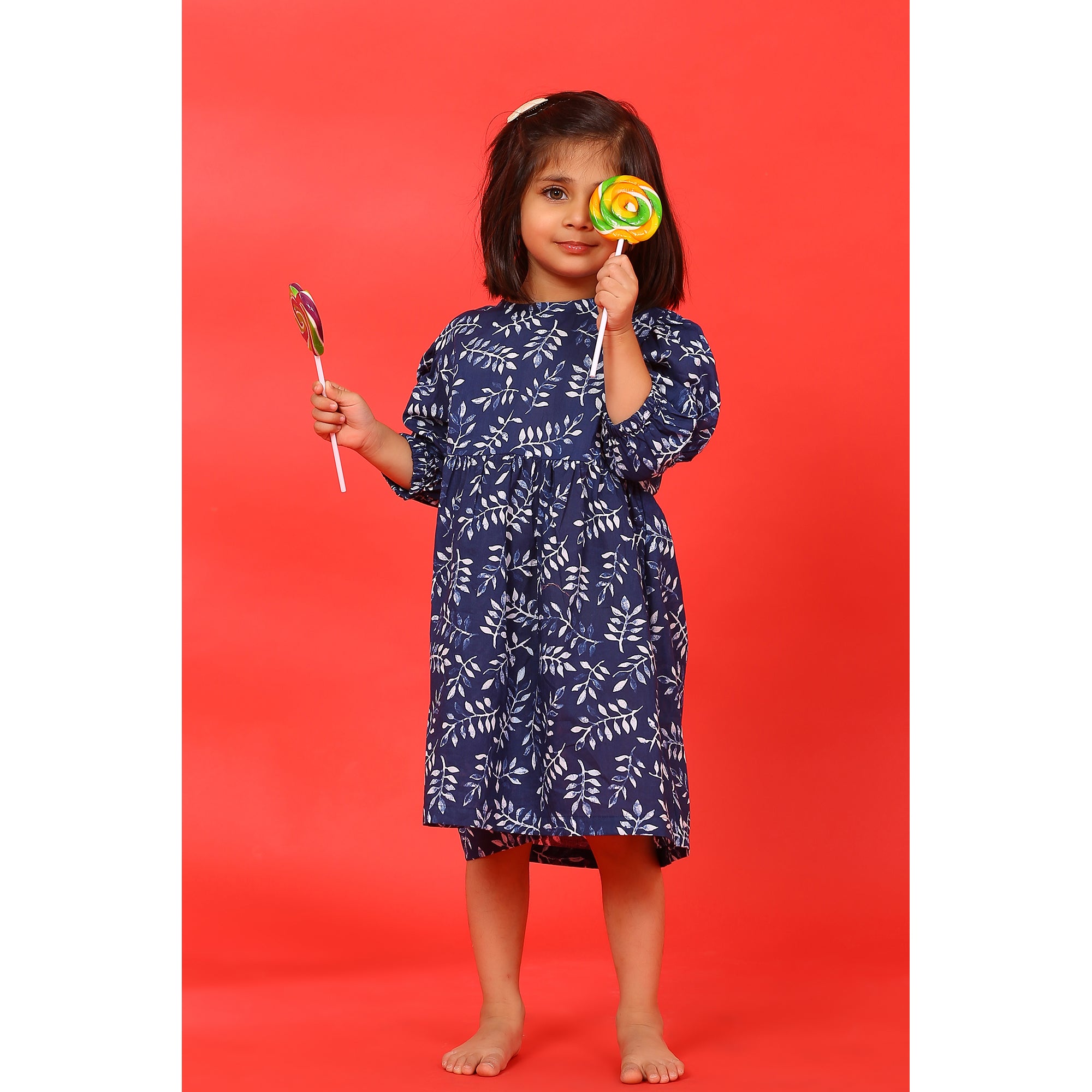 Neem Leaves on Blue Kids Cotton Dress