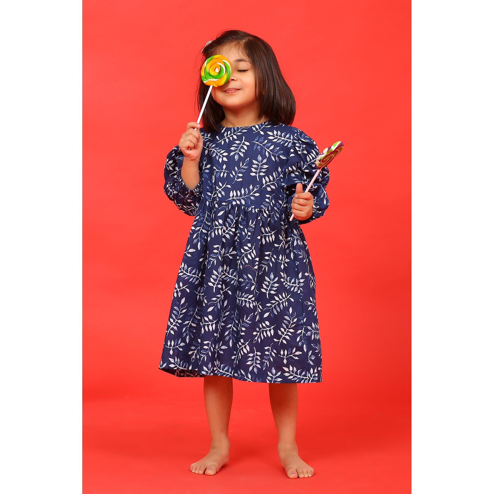 Neem Leaves on Blue Kids Cotton Dress