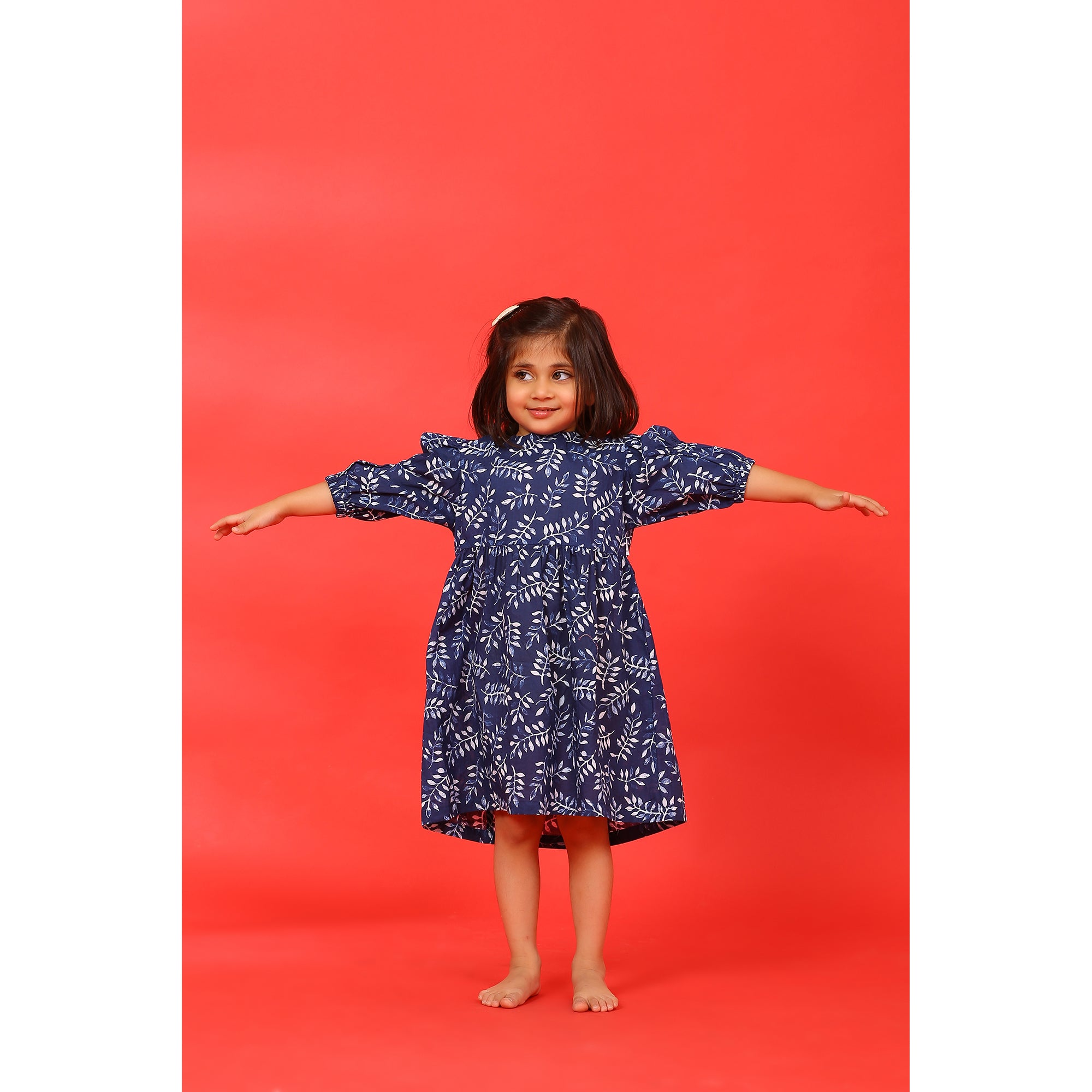 Neem Leaves on Blue Kids Cotton Dress