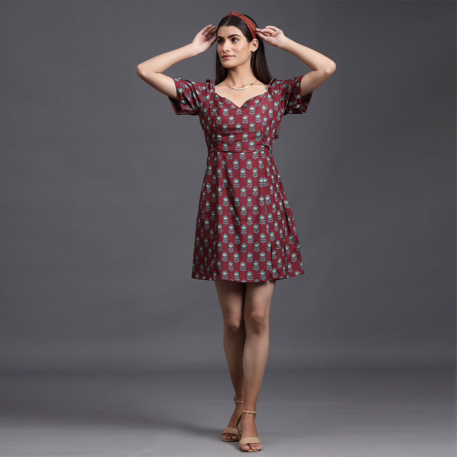 Mimosa on Maroon Russian Silk Dress