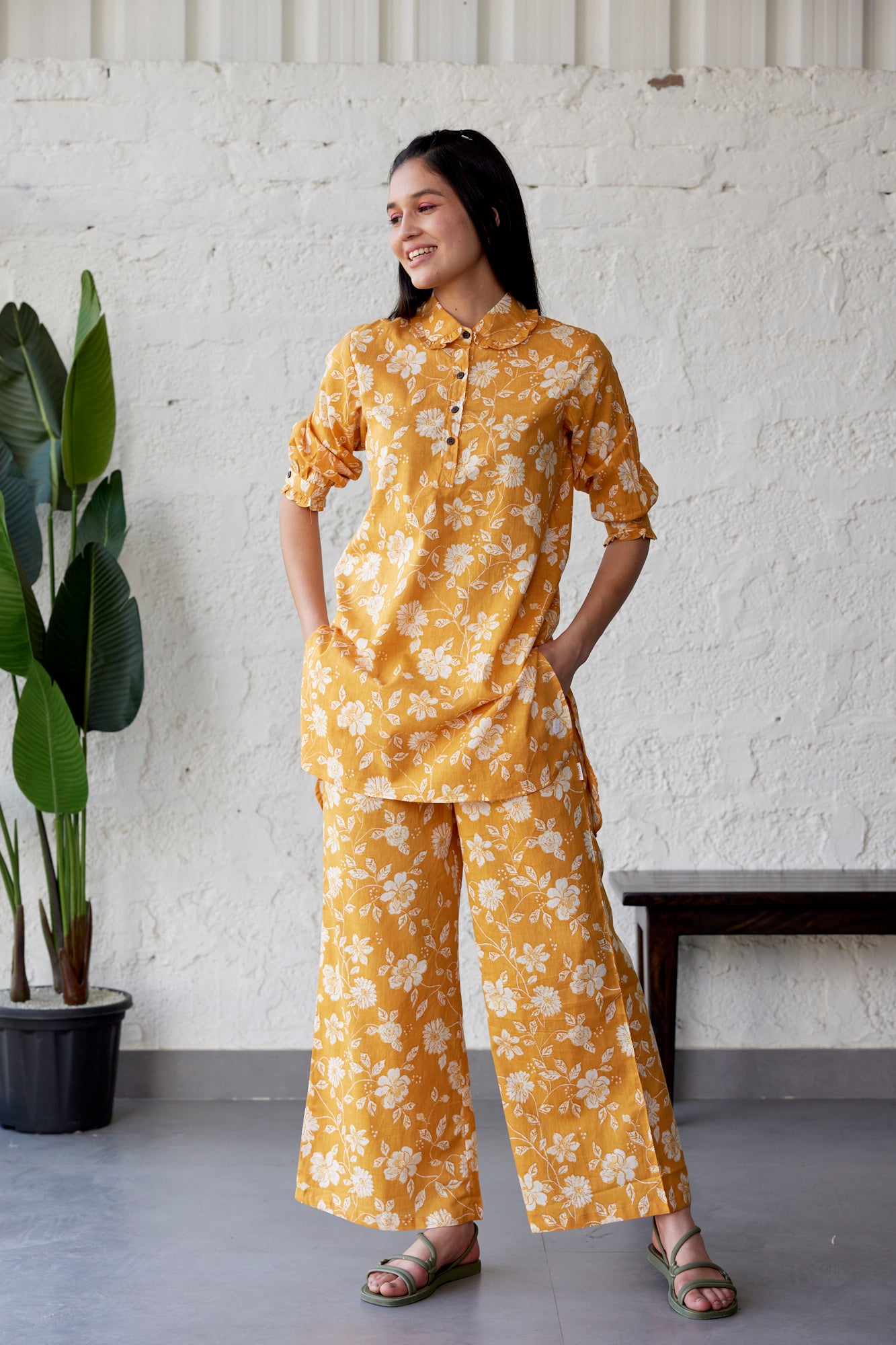 Floral Jaal on Mustard Cotton Palazzo Loungewear Set