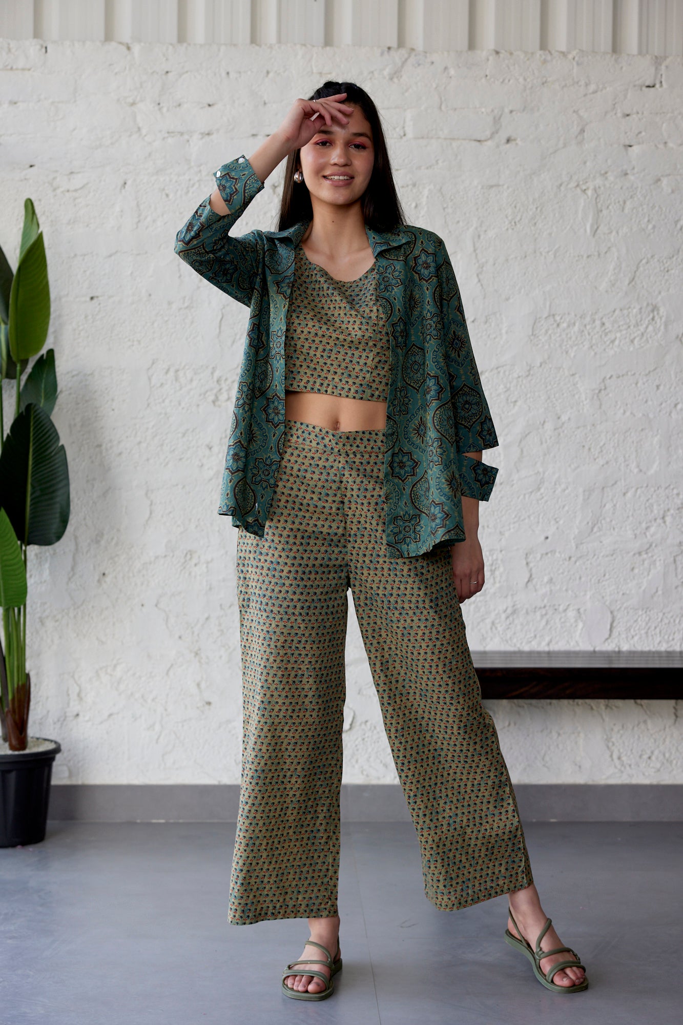 Ethnic Motif on Green Three Piece Cotton Co-ord Set