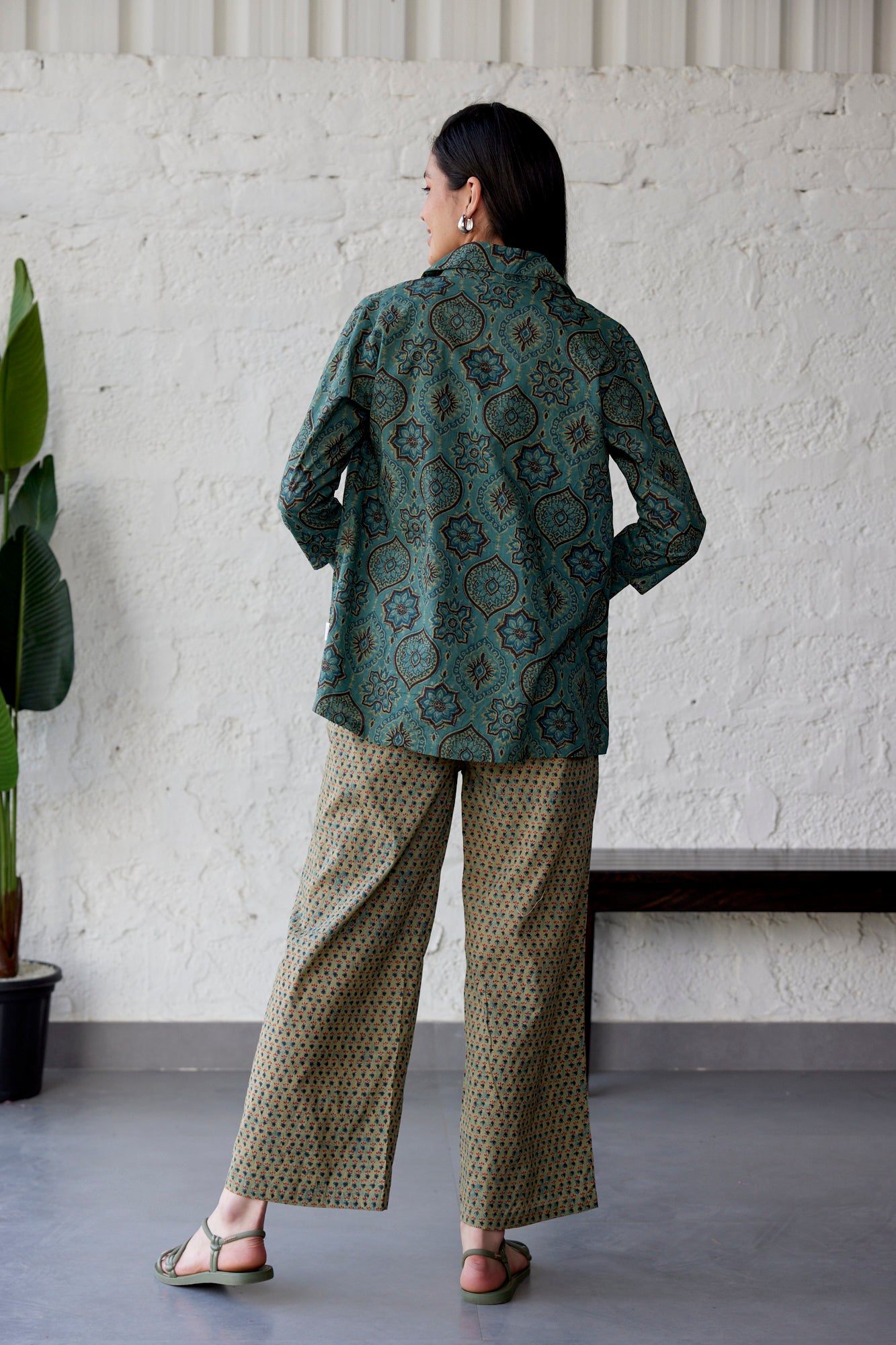 Ethnic Motif on Green Three Piece Cotton Co-ord Set