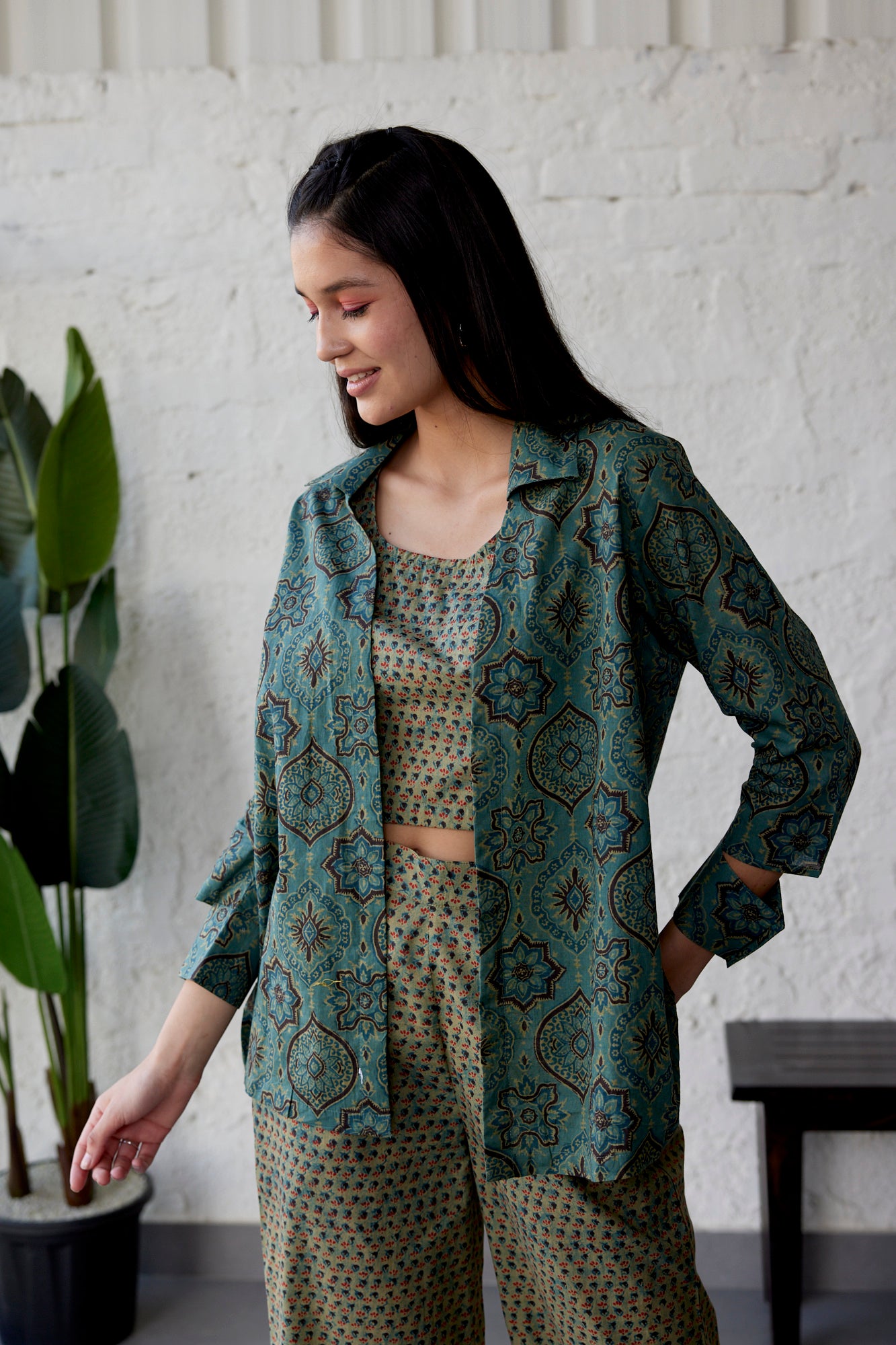 Ethnic Motif on Green Three Piece Cotton Co-ord Set