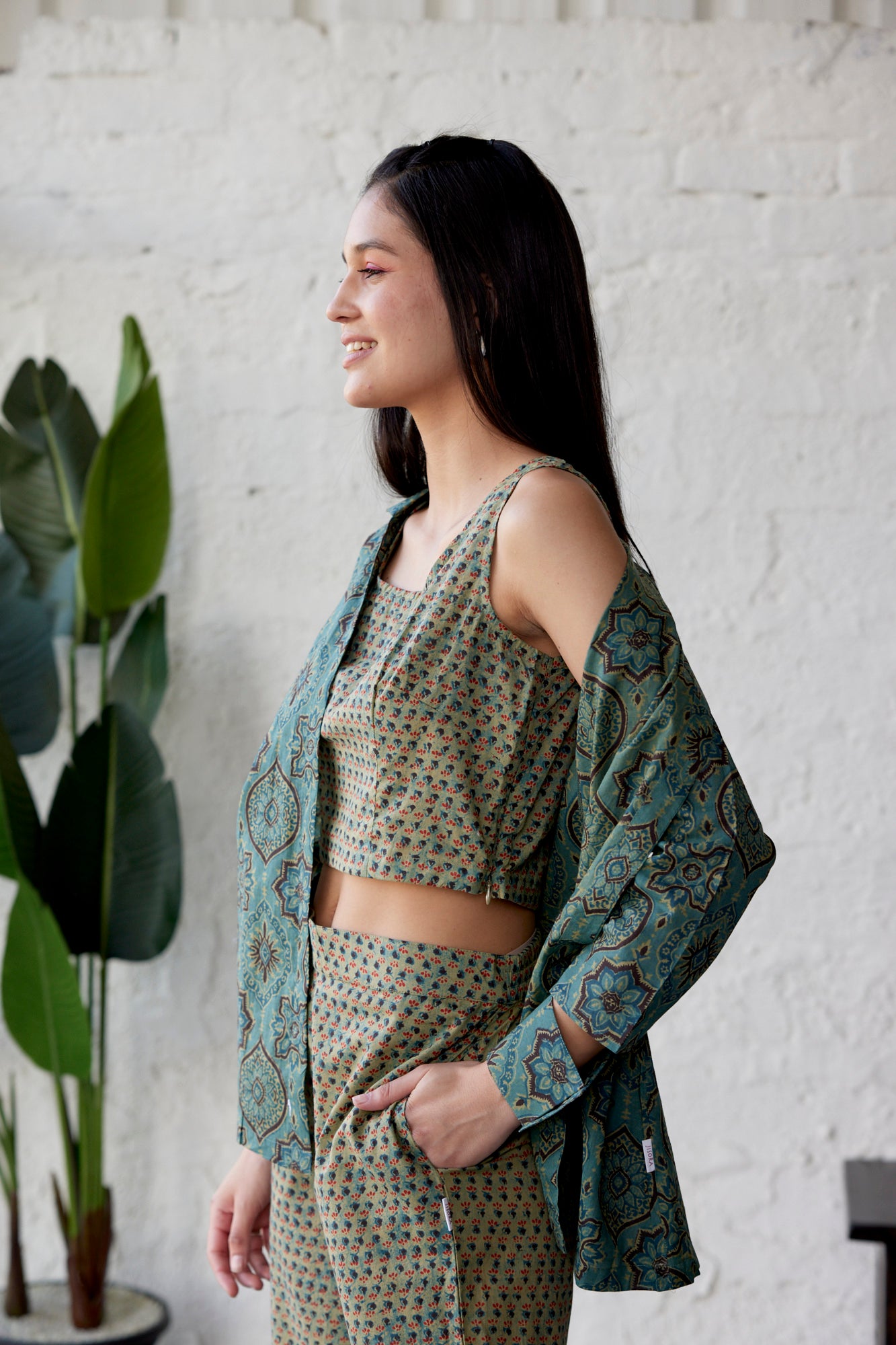 Ethnic Motif on Green Three Piece Cotton Co-ord Set