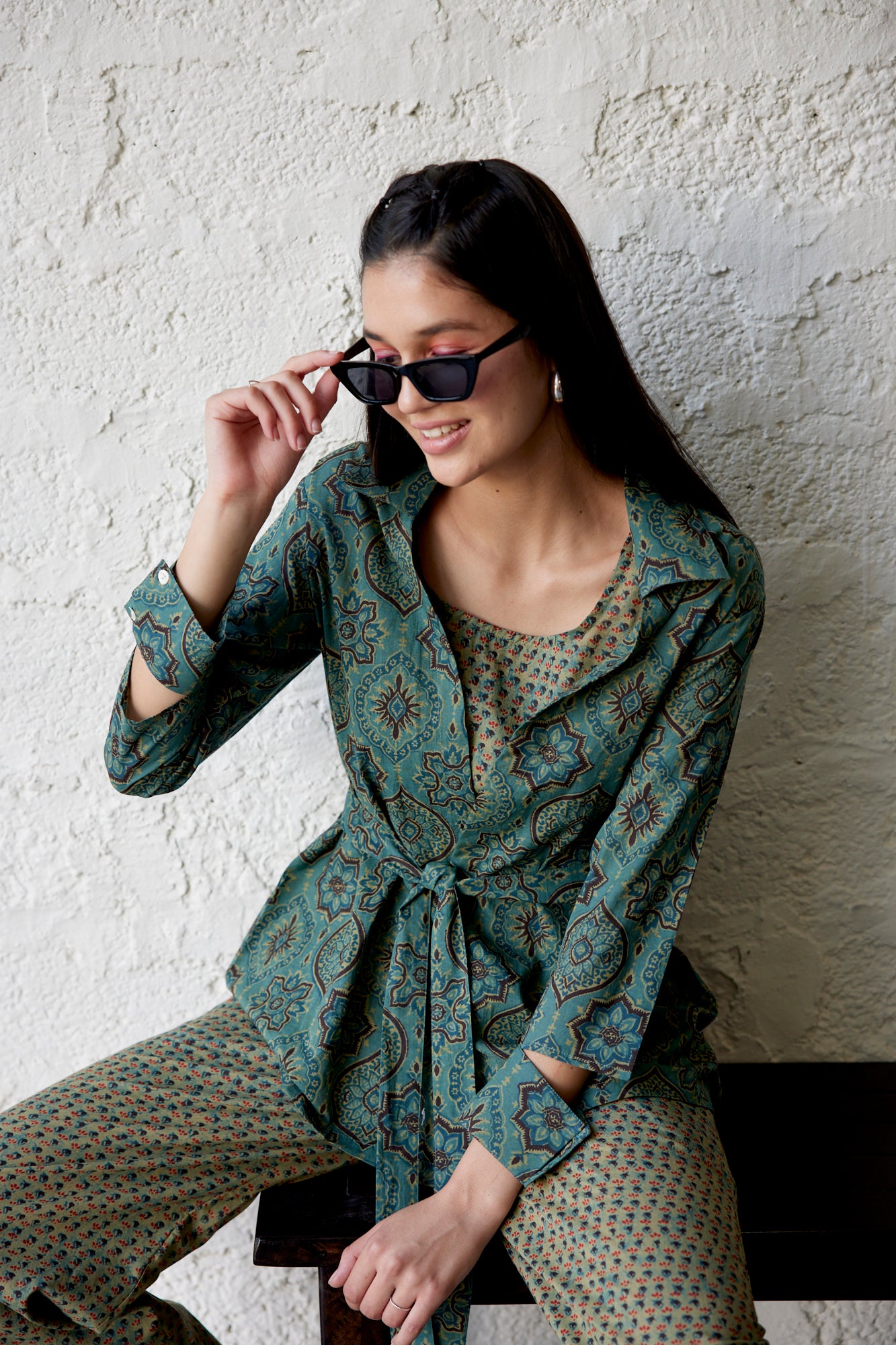 Ethnic Motif on Green Three Piece Cotton Co-ord Set