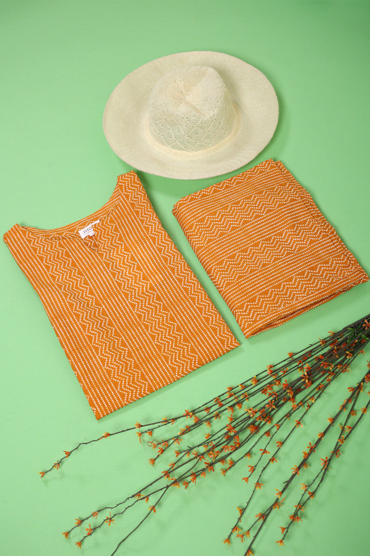 Patterned Bandhej on Cotton Mustard Palazzo Loungewear Set