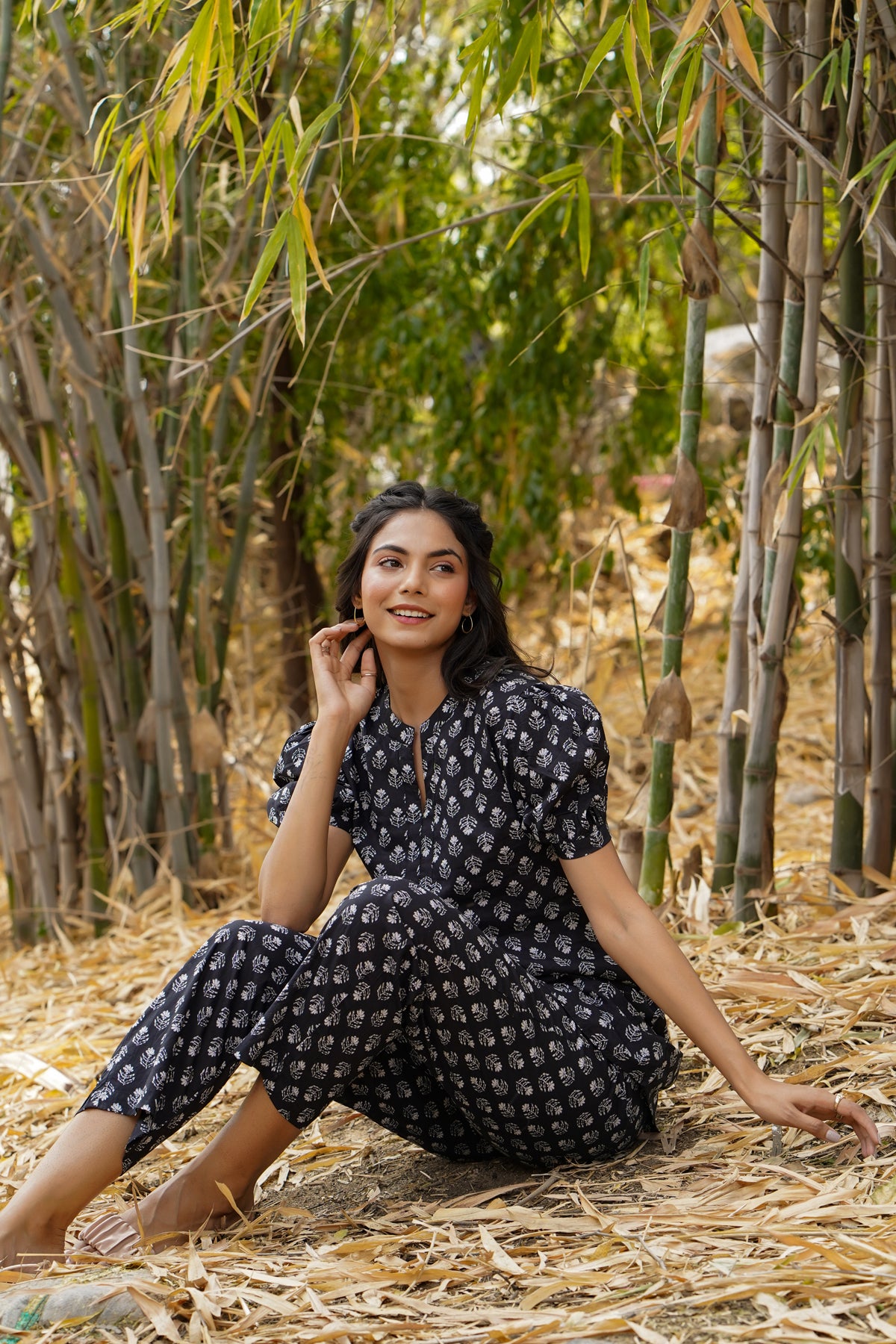 Floweret on Black Cotton Loungewear Top Set