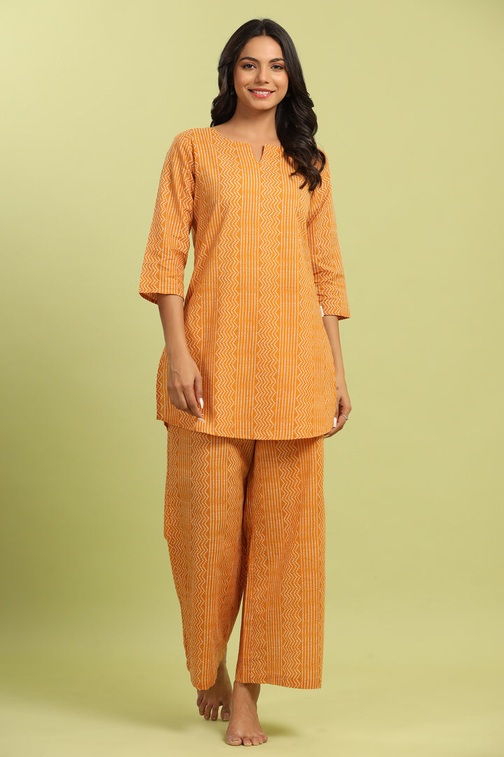 Patterned Bandhej on Cotton Mustard Palazzo Loungewear Set