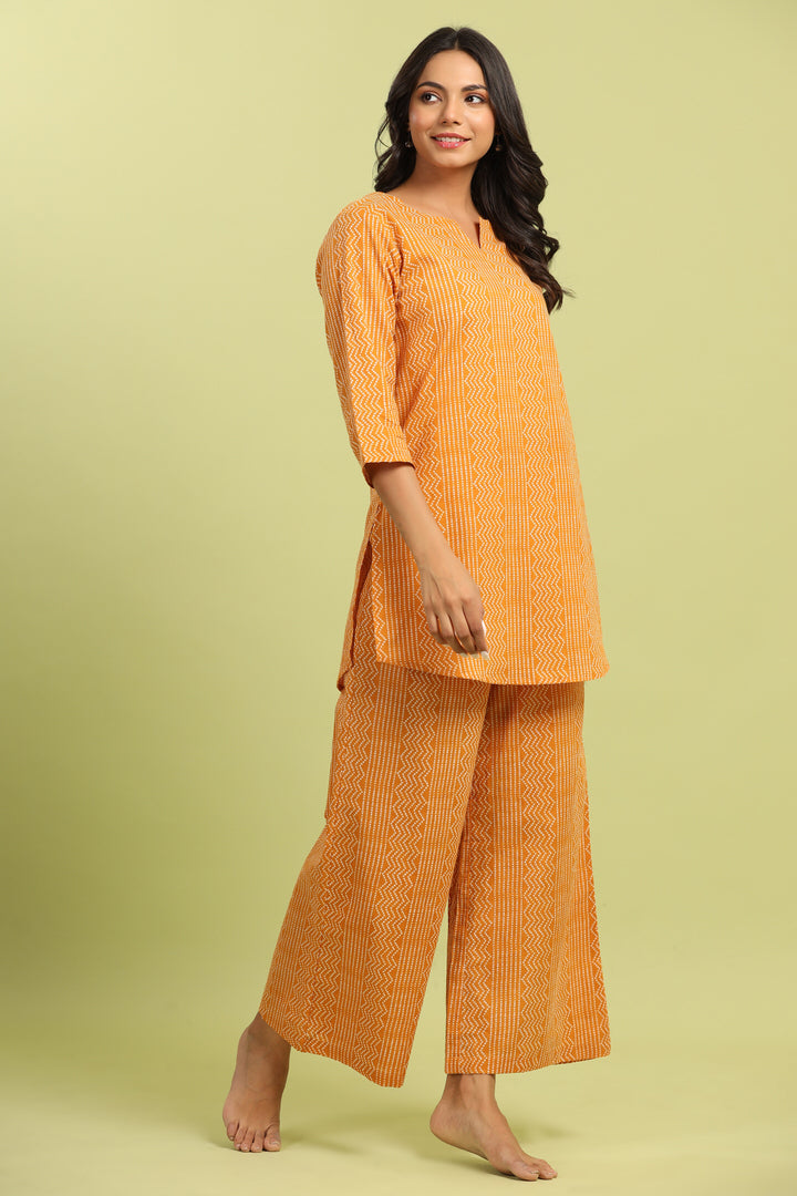 Patterned Bandhej on Cotton Mustard Palazzo Loungewear Set