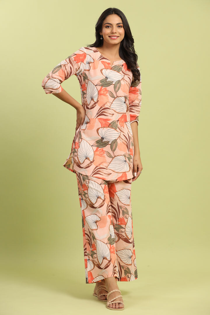 Plumeria on Peach Cotton Palazzo Loungewear Set