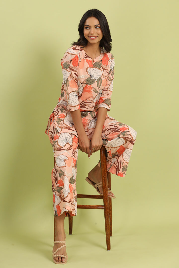Plumeria on Peach Cotton Palazzo Loungewear Set