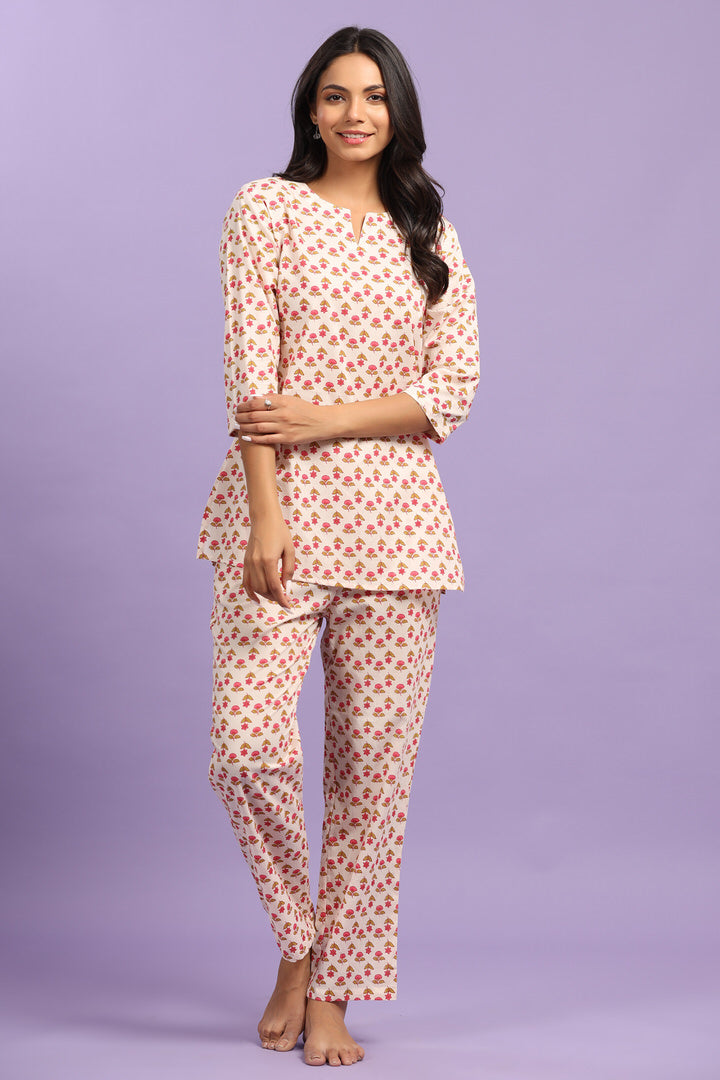 Buti on off white Cotton Loungewear Top Set