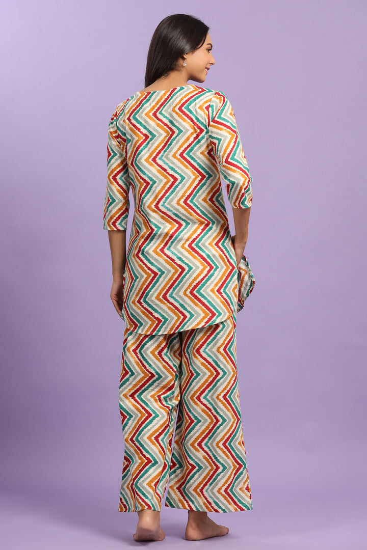 Multicoloured Zigzag Lehariya On Off white Cotton Palazzo Loungewear Set