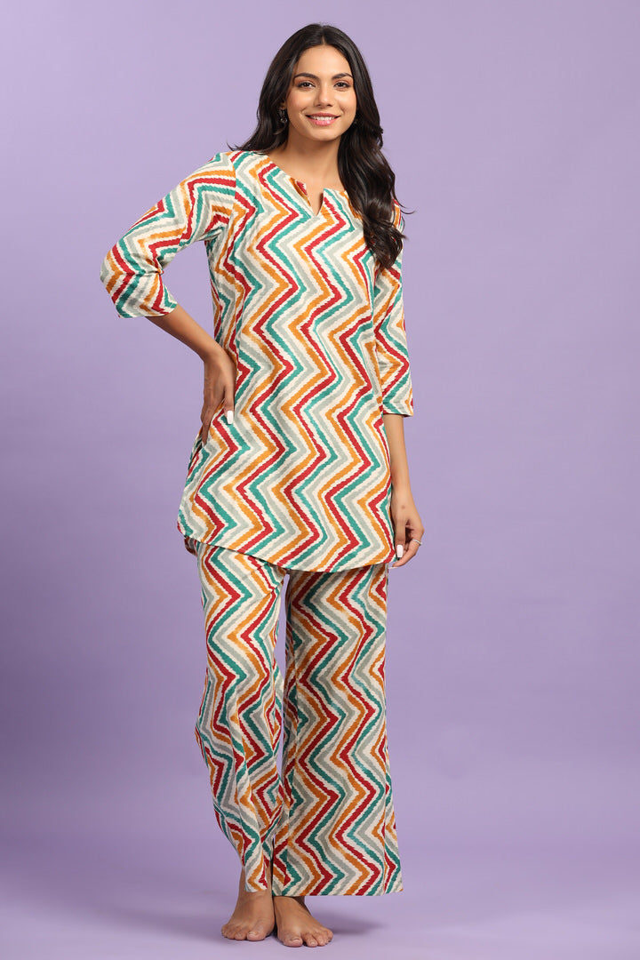 Multicoloured Zigzag Lehariya On Off white Cotton Palazzo Loungewear Set