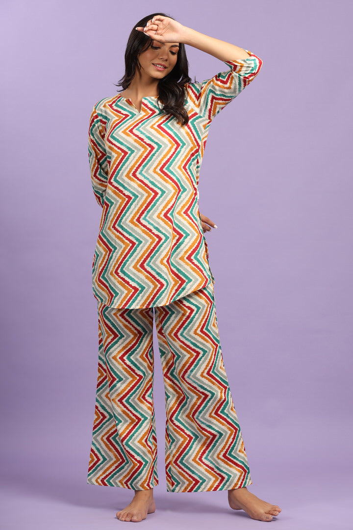 Multicoloured Zigzag Lehariya On Off white Cotton Palazzo Loungewear Set