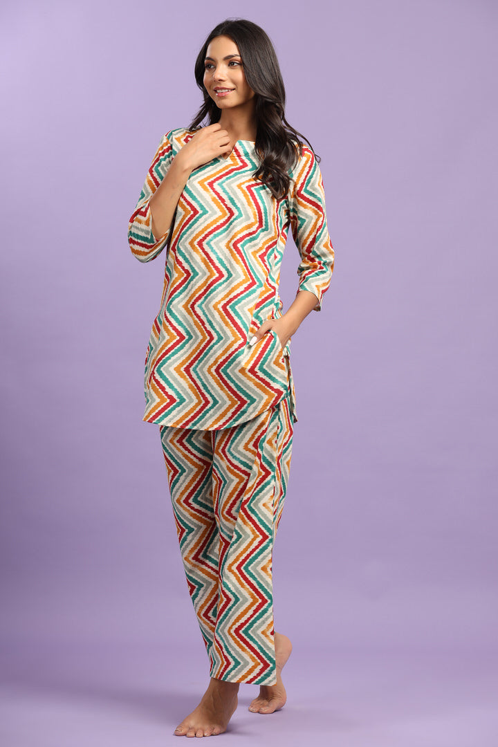 Multicoloured Zigzag Lehariya On Off white Cotton Palazzo Loungewear Set